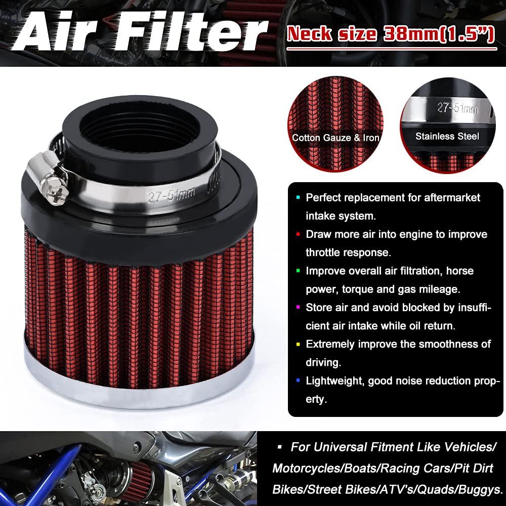 Ptnhz Universal Red Neck 1.5'' 38Mm Car High Flow Cold Air Intake Air Filter Power Intake Air Inlet System Air Cleaner
