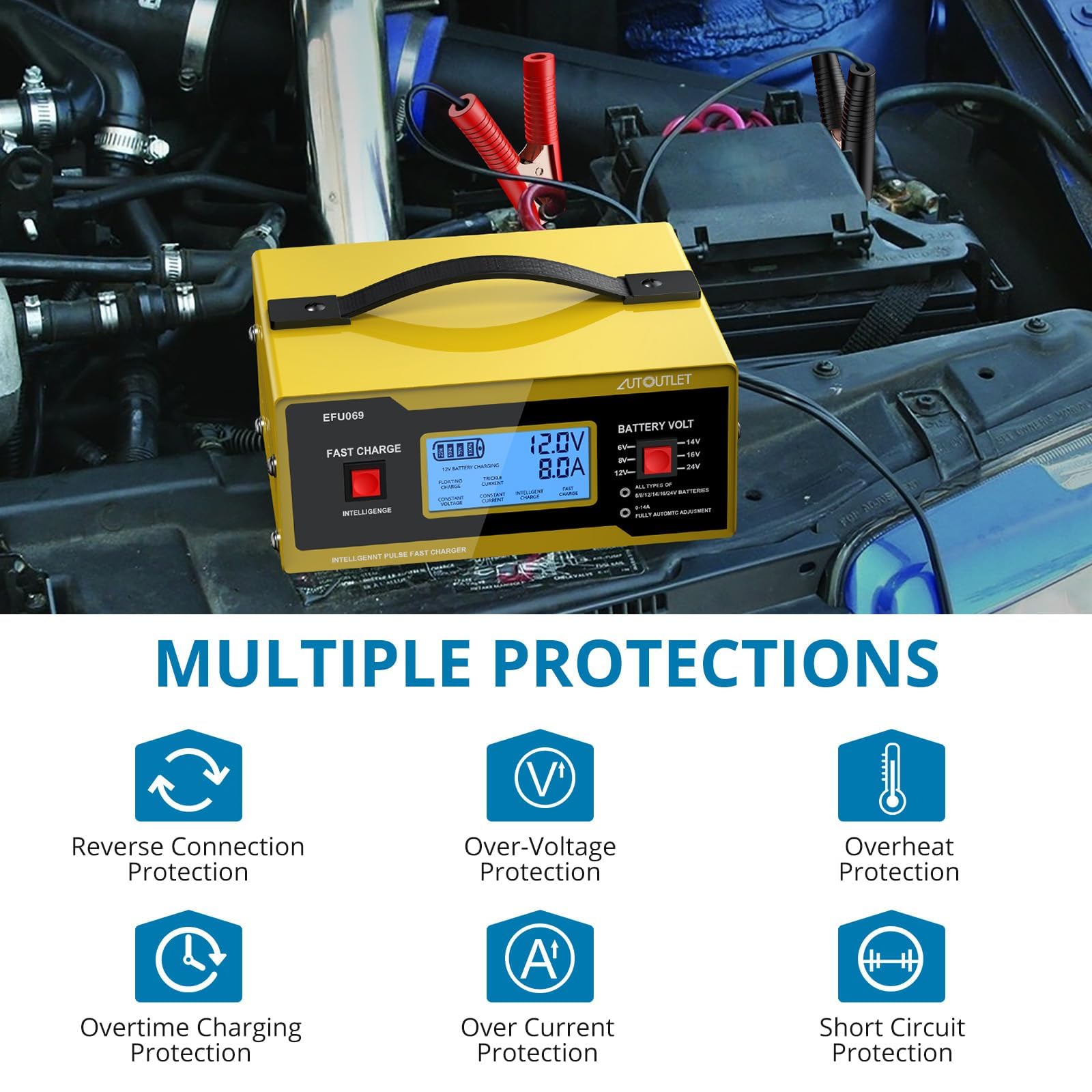 AUTOUTLET 0-10A Smart Car Battery Charger & Trickle Maintainer, Fully Automatic, 6/8/12/14/24V, Yellow, 23.5*14