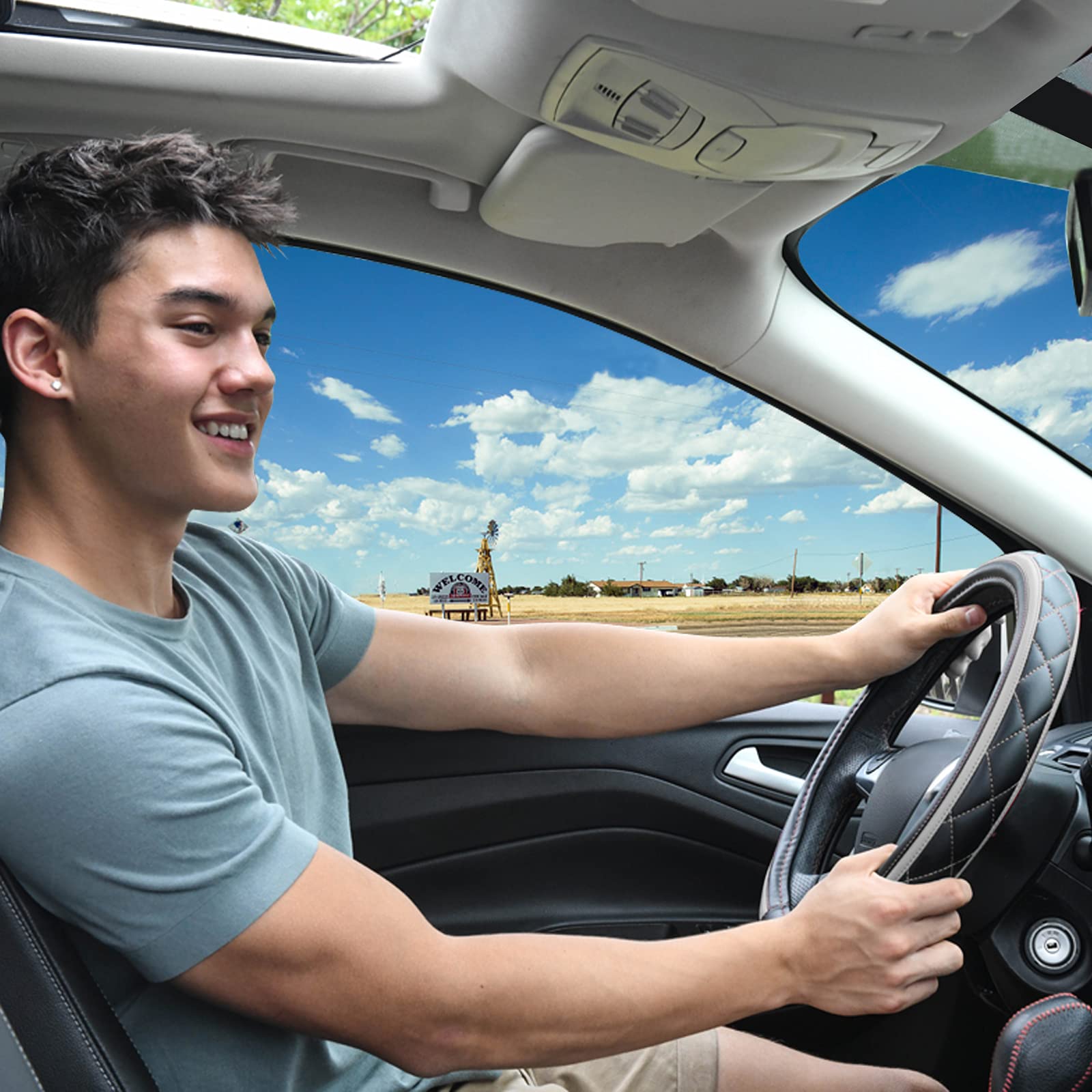 CAR PASS Sporty Quilting Leather Universal Fit Steering Wheel Cover,Fit for Suvs,Vans,Sedans,Trucks for 14.7'' to 15''(Black & G