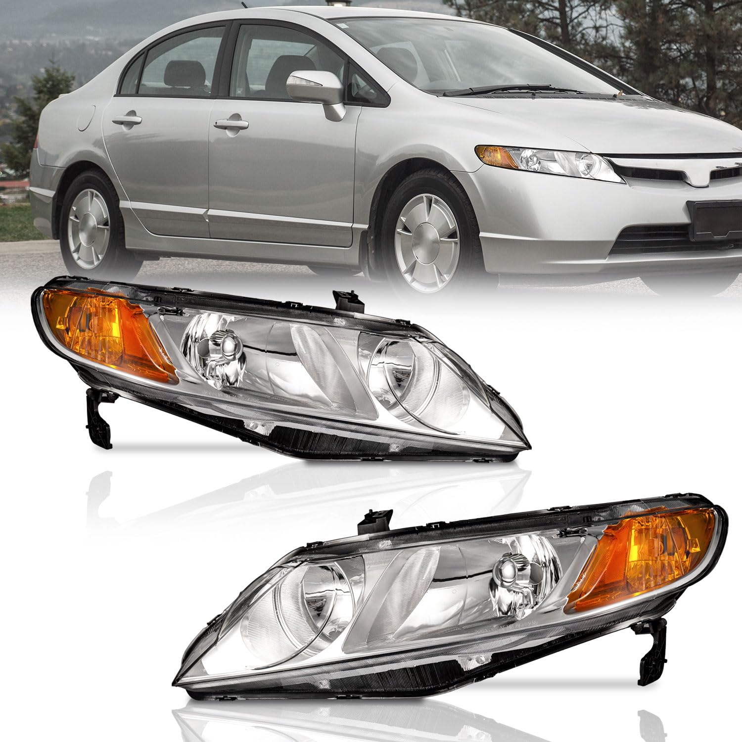 Weelmoto For 2006-2011 Honda Civic 4-Door Headlights Assembly Replacement For 2006 2007 2008 2009 2010 2011 Honda Civic 4-Door Headlight Pair Headlamp Replacement Chrome Housing Amber Reflector