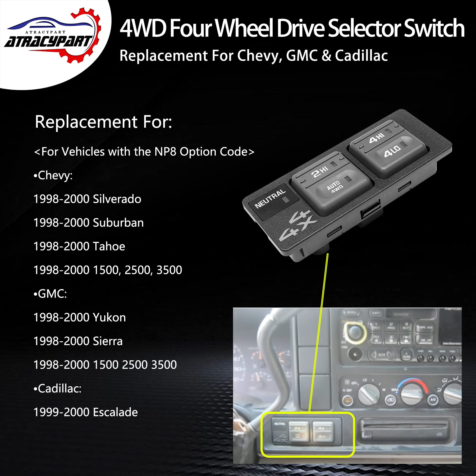 4X4 Switch 4Wd Four Wheel Drive Selector Switch | 8 Pins + 3 Pins Check Required | Replacement For 1998-2000 Chevy, Gmc 1500 2500 3500, Tahoe, Yukon, Cadillac | Replaces# 901-130, 15027104, 19168765