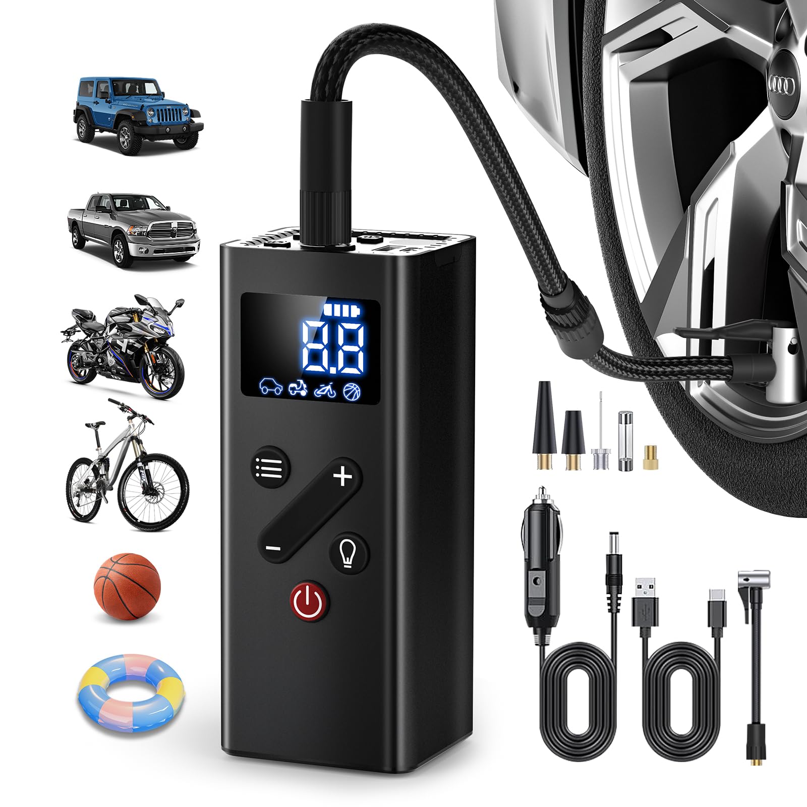 Tire Inflator Portable Air Compressor, 150Psi Cordless Air Pump For Car Tires, 4X Faster Bike Tire Pump With Pressure Detection,