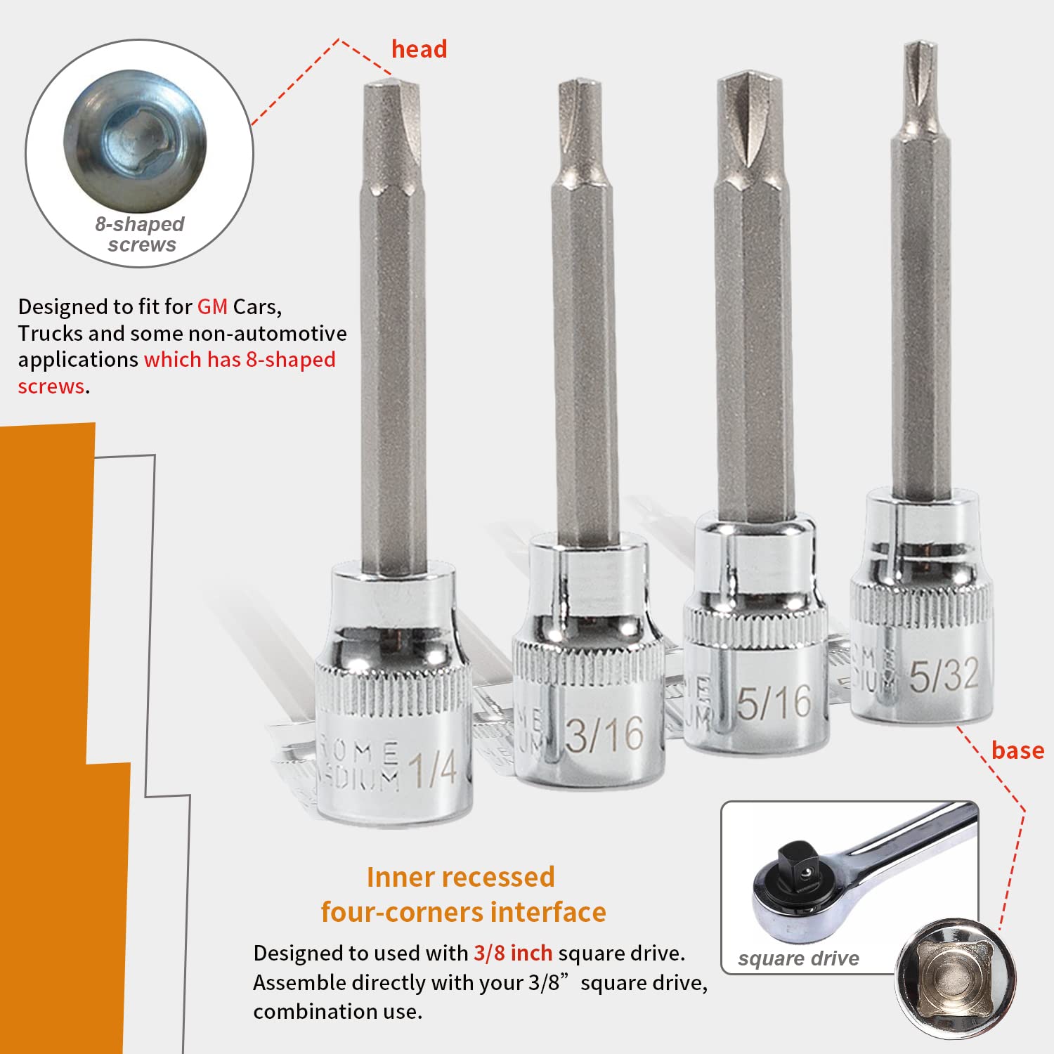 Johntruck 4 Pack Clutch Head Bit Socket Set Used With 3/8'' Square Drive For Chevy Cars And Trucks Older