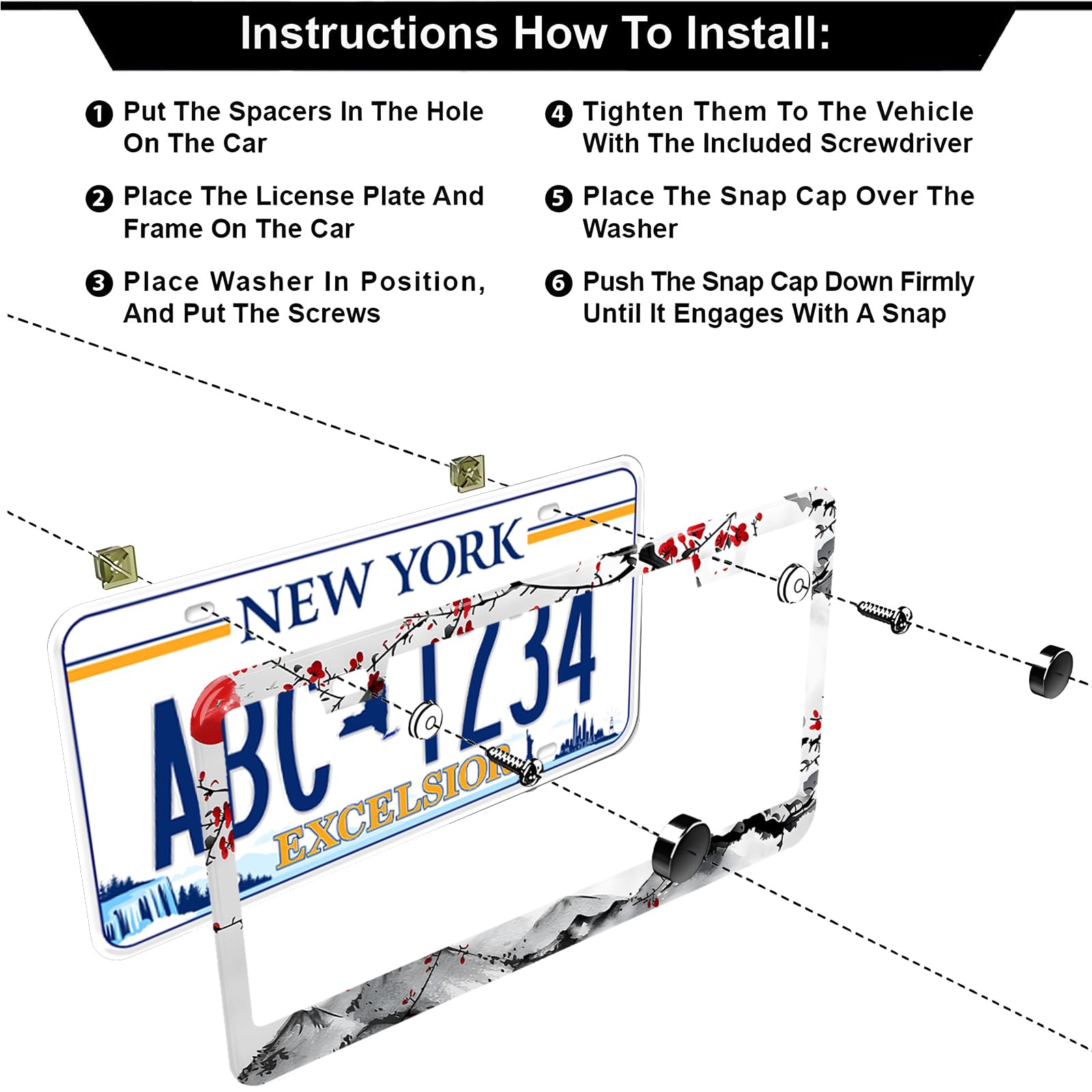 LRZJYDMB Stainless Steel License Plate Frames, 2 Pack Cherry Blossom Design, Includes Free Screws, Japanese Sakura Style