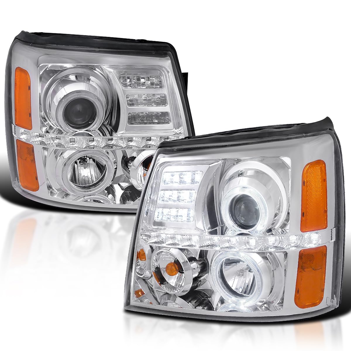 Spec-D Tuning Led Dual Halo Chrome Housing Clear Lens Headlights Compatible With 2002-2006 Cadillac Escalade All, Left + Right Pair Headlamps Assembly