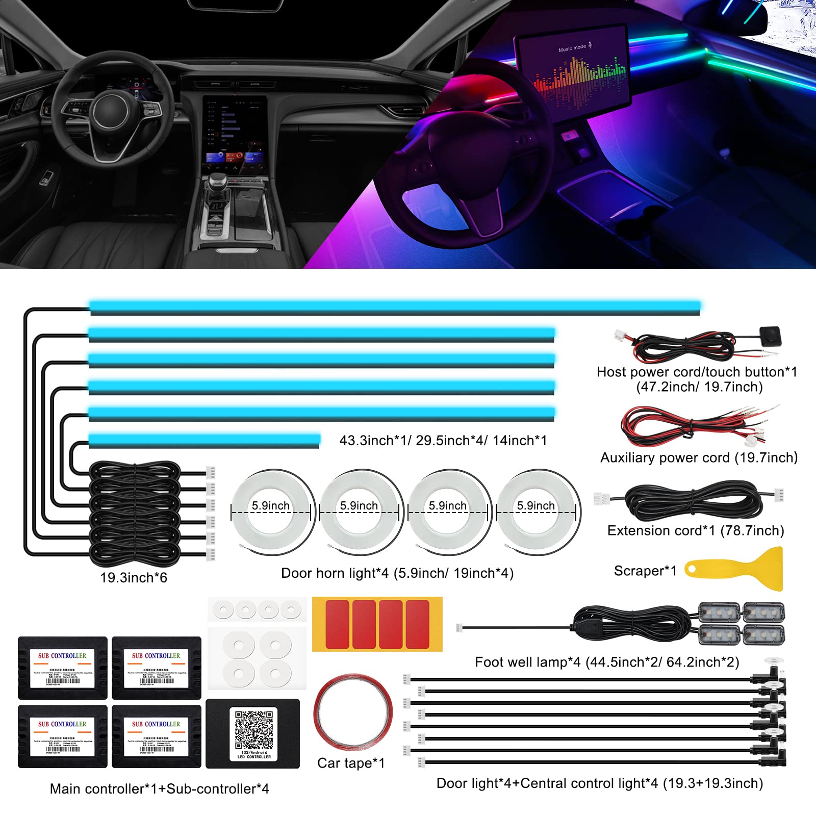 Acrylic Interior Car Led Strip Light With Wireless App, Rgb 22 In 1 With 175 Inches 593 Leds Fiber Optic Ambient Lighting Kits,