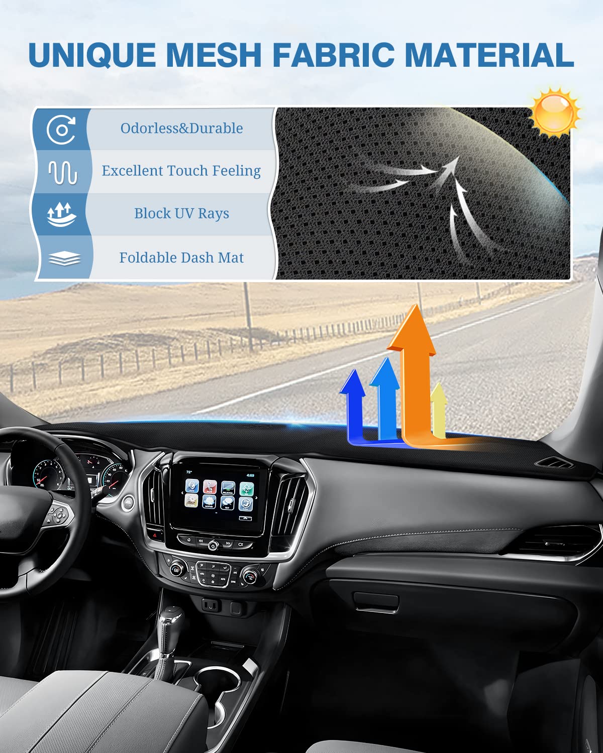 Fiilines Dash Cover For Chevrolet Traverse 2018-2023, Dashboard Mat Cover Sunshade Nonslip Mesh Protector No Glare Black