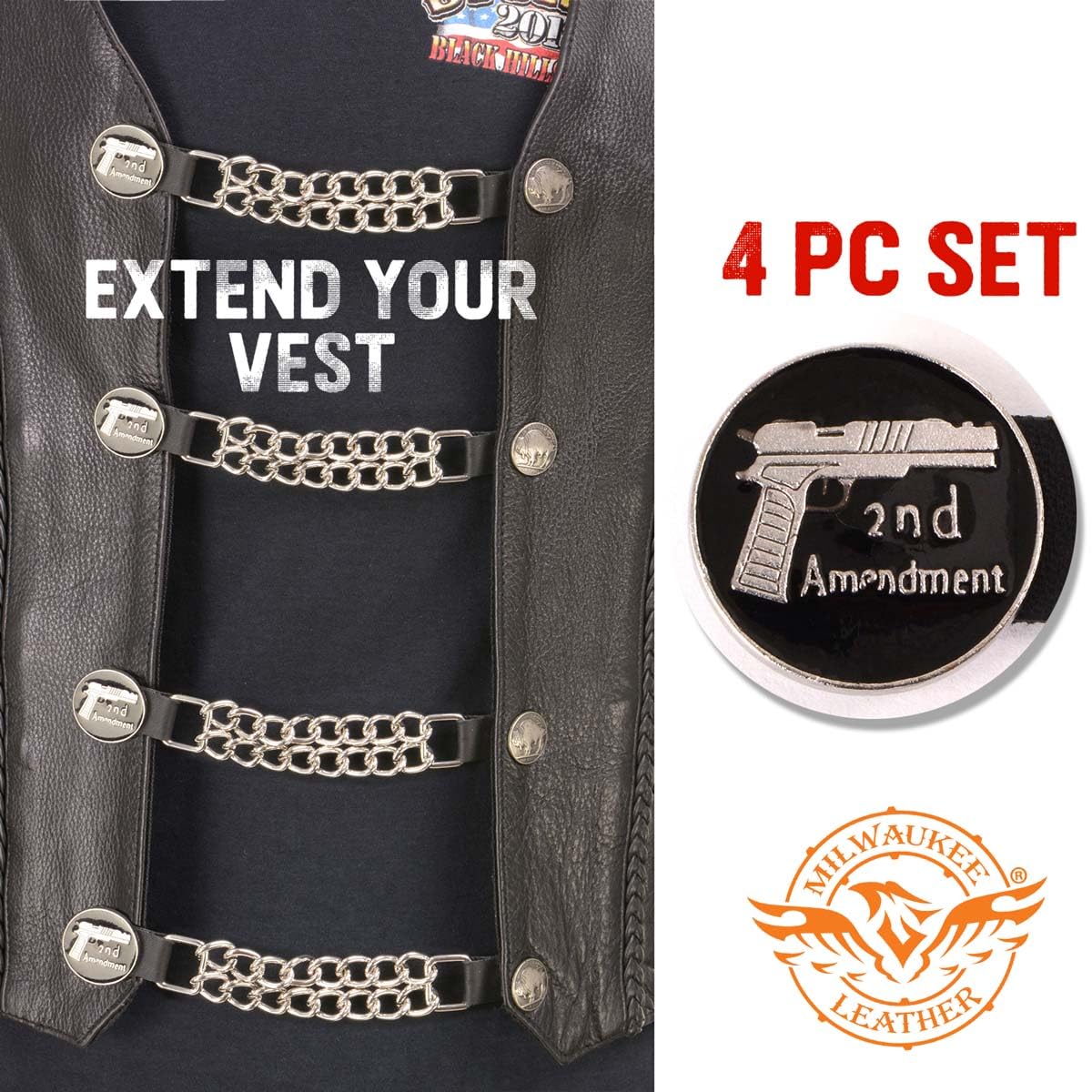 Milwaukee Leather MLA6027SET 2nd Amendment 4-PCS Vest Extender Double Chrome Chains w/Genuine Leather 4 Extension - 4 Inch