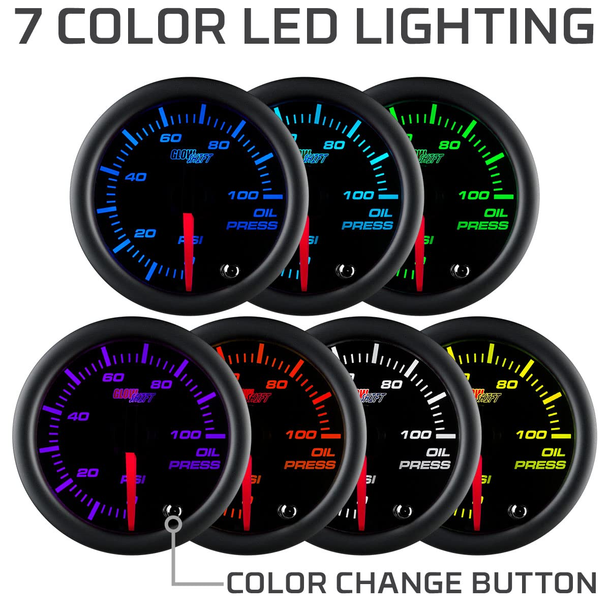 GlowShift Tinted 7 Color 100 PSI Oil Pressure Gauge Kit - Includes Electronic Sensor - Black Dial - Smoked Lens - for Car & Truc