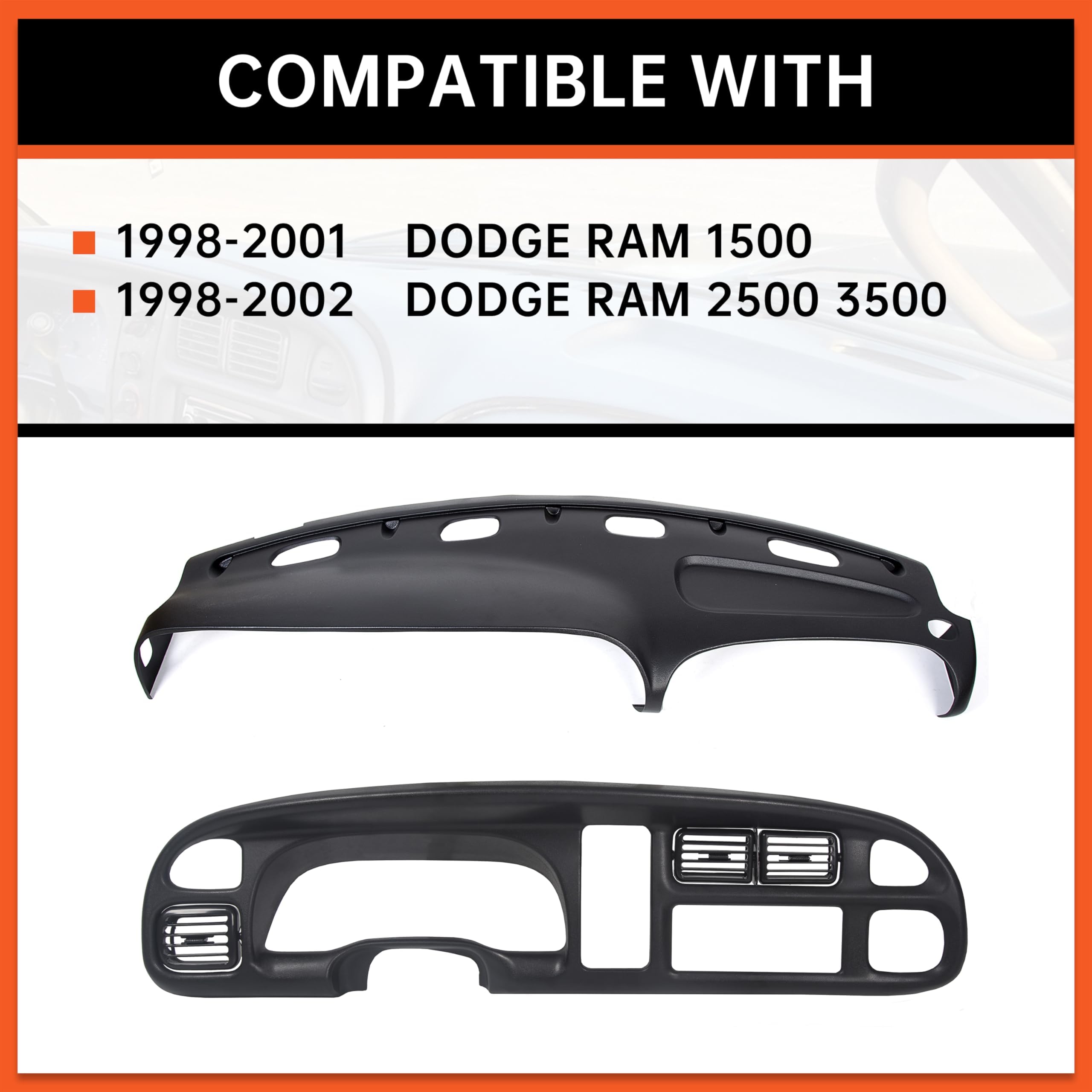 Ecotric Bezel Cover Instrument W/Vent & Dashboard Overlay Cover Kit Compatible With 1998-2002 Dodge Ram 1500 2500 3500 Bezel & D