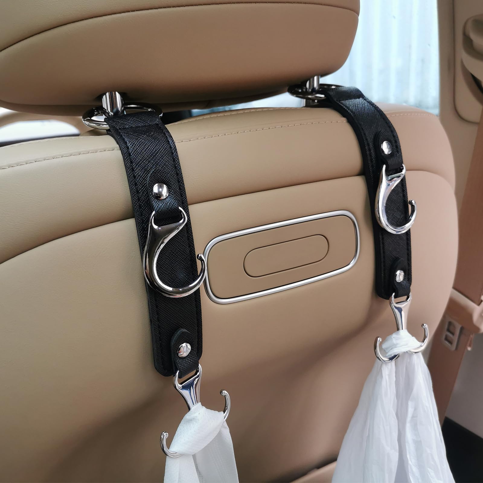 Yicheyiyou Headrest Hooks For Car Back Seat Organizer Black Faux Leather Hanger Holder Hook, For Hanging Purses And Bags And Coa