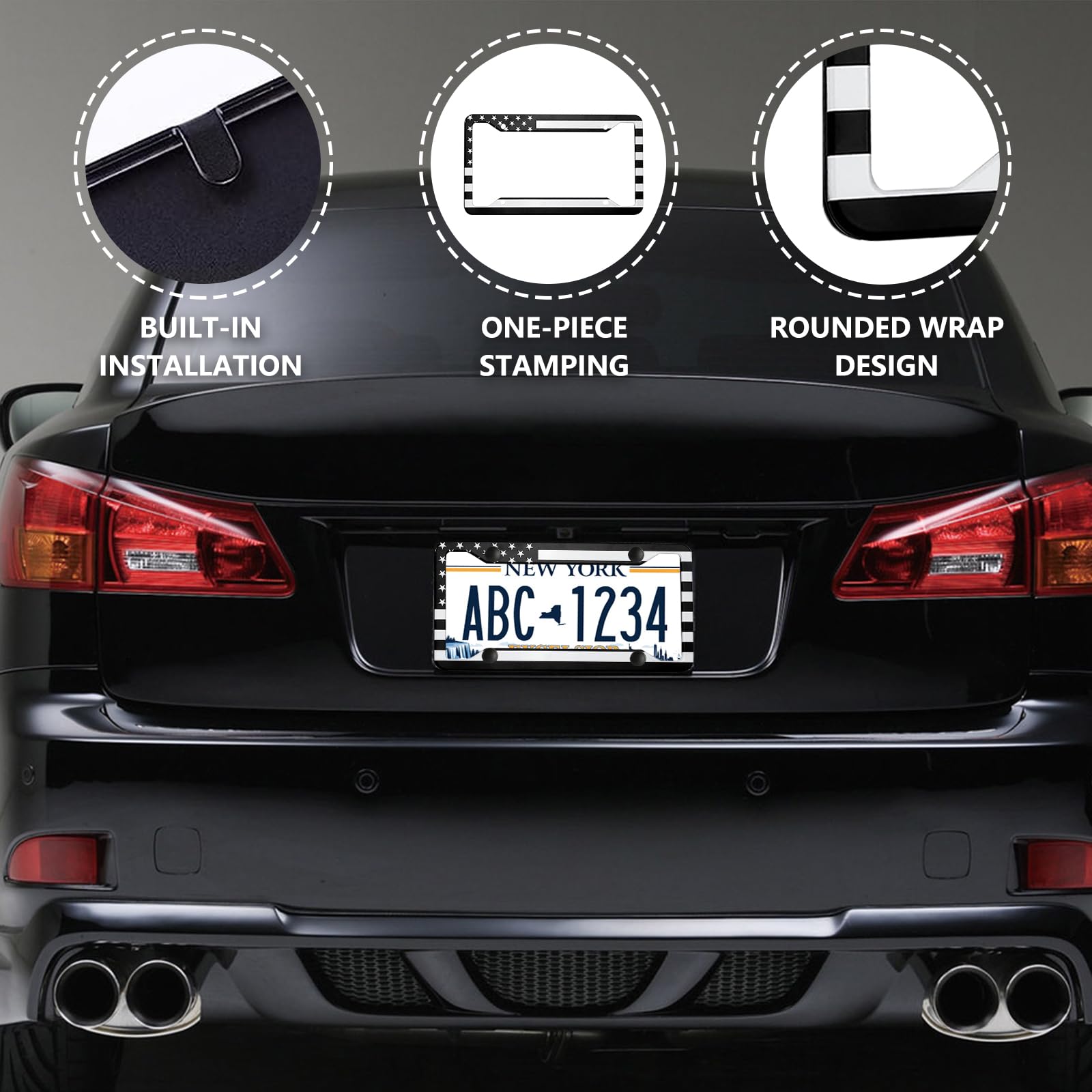 LIN KANG Black American Flag License Plate Frame - 2 PCS Patriotic US Flag Aluminum Metal License Plate Frames Holder Covers, Ru