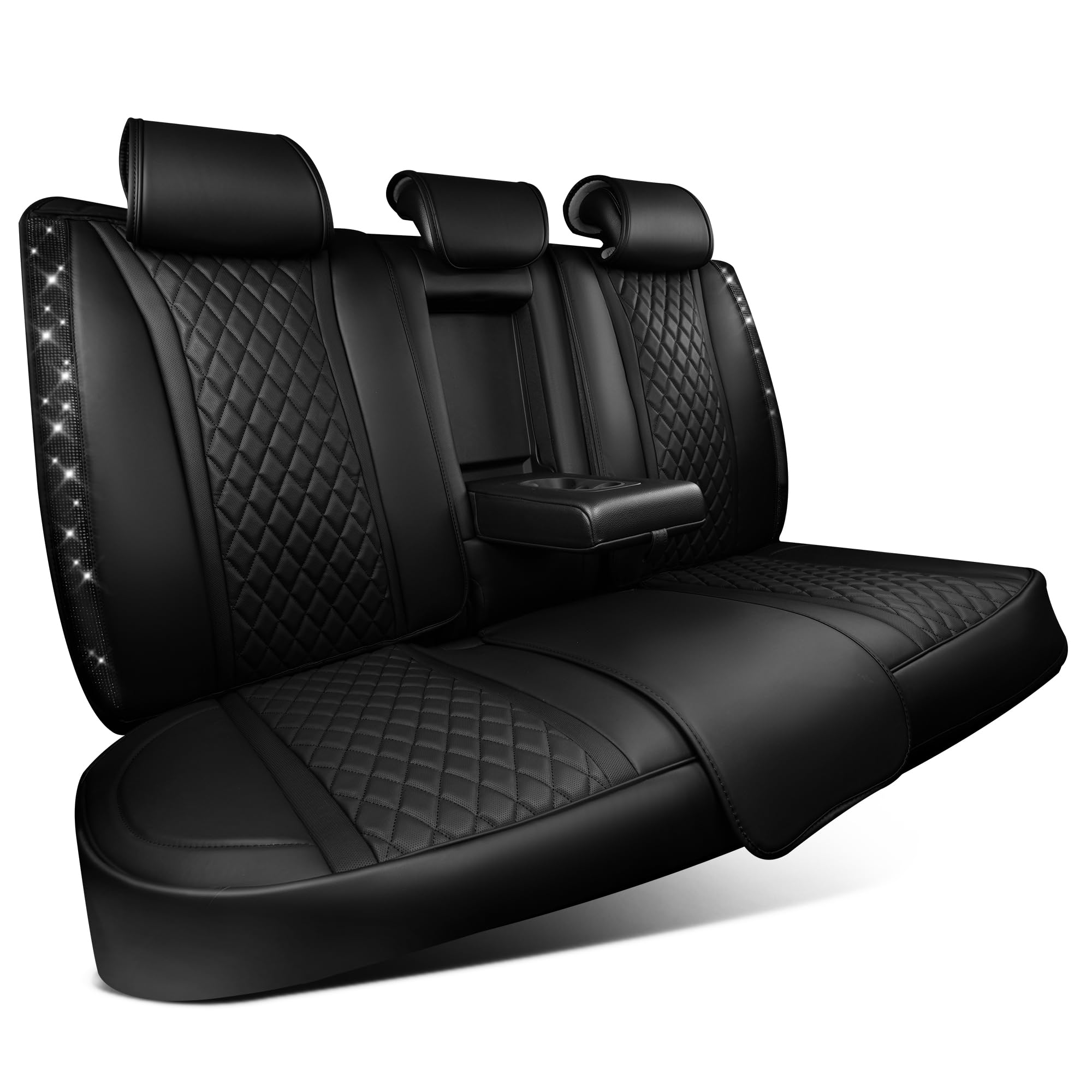 Car Pass Bling Diamond Back Seat Covers, Nappa Leather Rear Seat Bench Cushion Waterproof Breathable Back Row Protector Universa