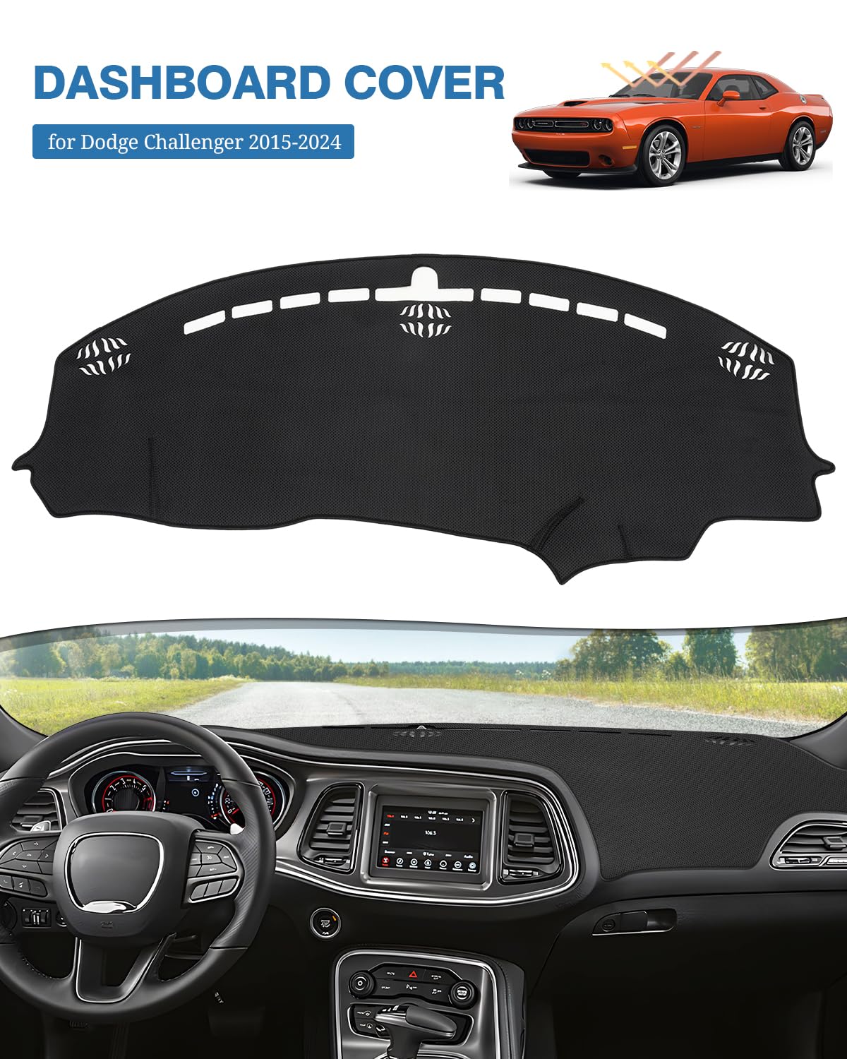 Fiilines Dash Cover For Dodge Challenger 2015-2024, Dashboard Mat Cover Challenger Accessories Sunshade Nonslip Mesh Protector N