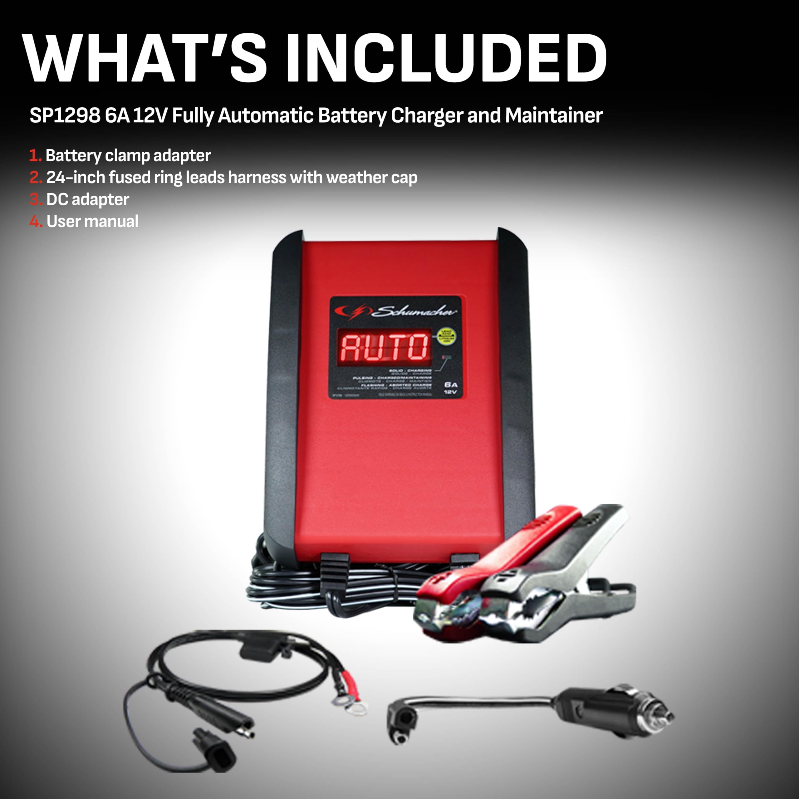 Schumacher SP1298 6 Amp Fully Automatic Battery Charger & Maintainer for Cars, Motorcycles, Lawn Tractors, Marine - Red