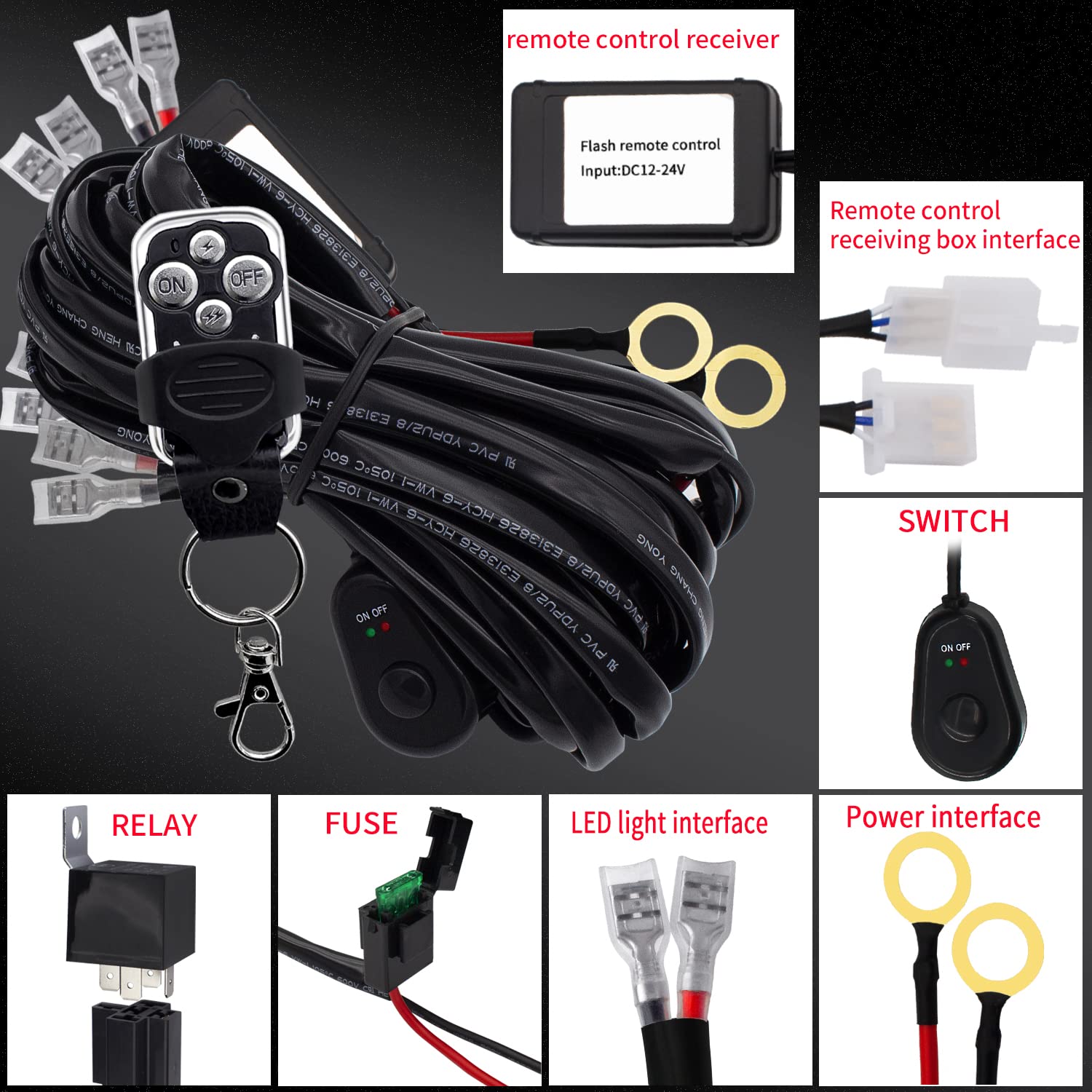 Led Lights Bar Remote Control Wiring Harness Kit 4 Leads Dc12V On-Off Switch Power Relay Blade Fuse 14Awg Core Cable Wiring Harness Kit Fit For Led Driving Lights Bar Work Auxiliary Lights