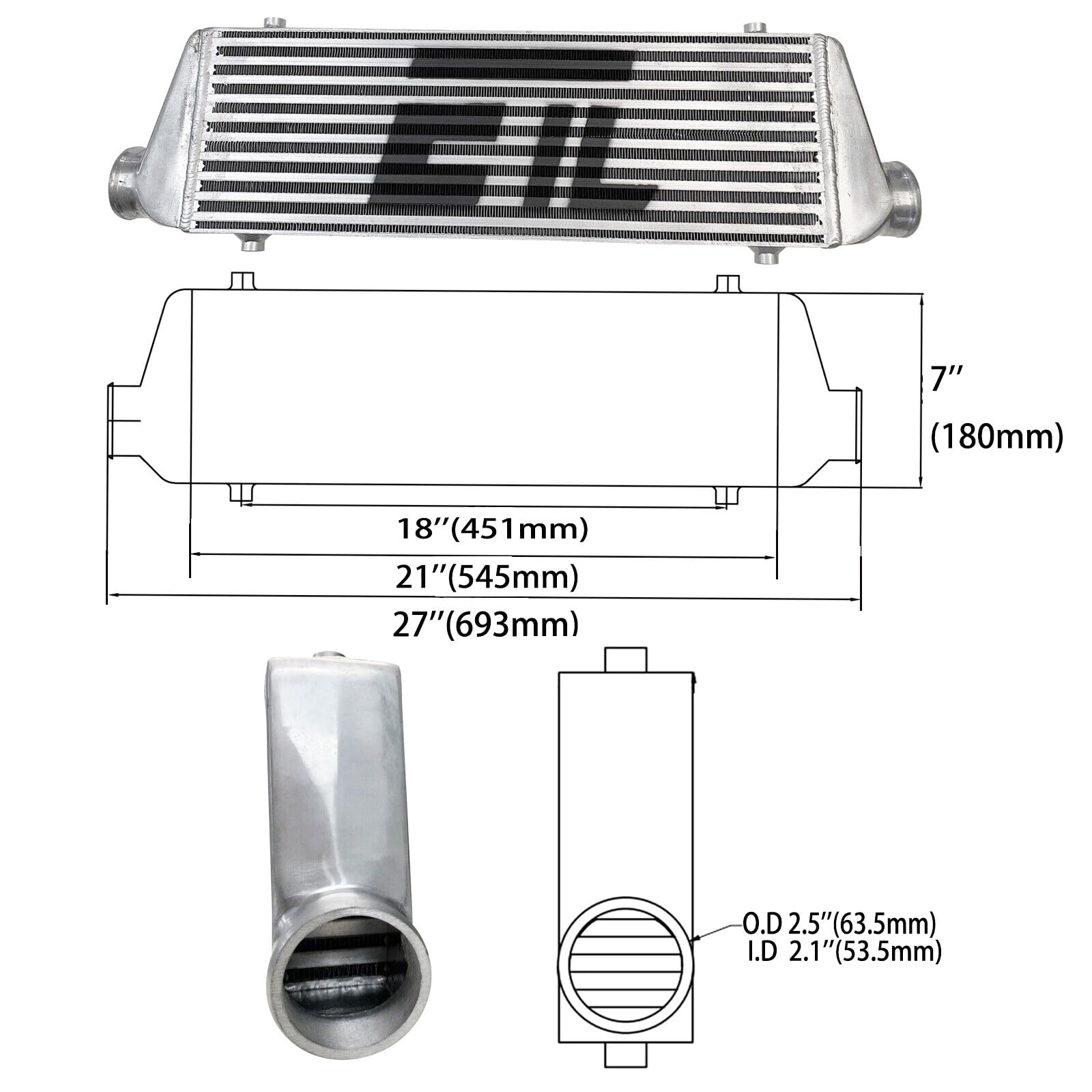 2.50 Inch Inlet/Outlet Diameter Universal Intercooler For Turbo Or Supercharger 27.30'W X 7.08'H X 2.56'T Silver Color
