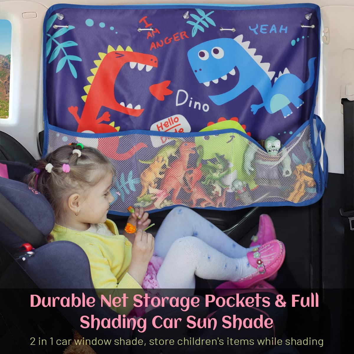 DIZA100 Car Window Shade for Baby, 2 Pack Car Sun Shades with Storage Net Pocket Car Window Curtain 7 Suction Cups Blue Dinosaur