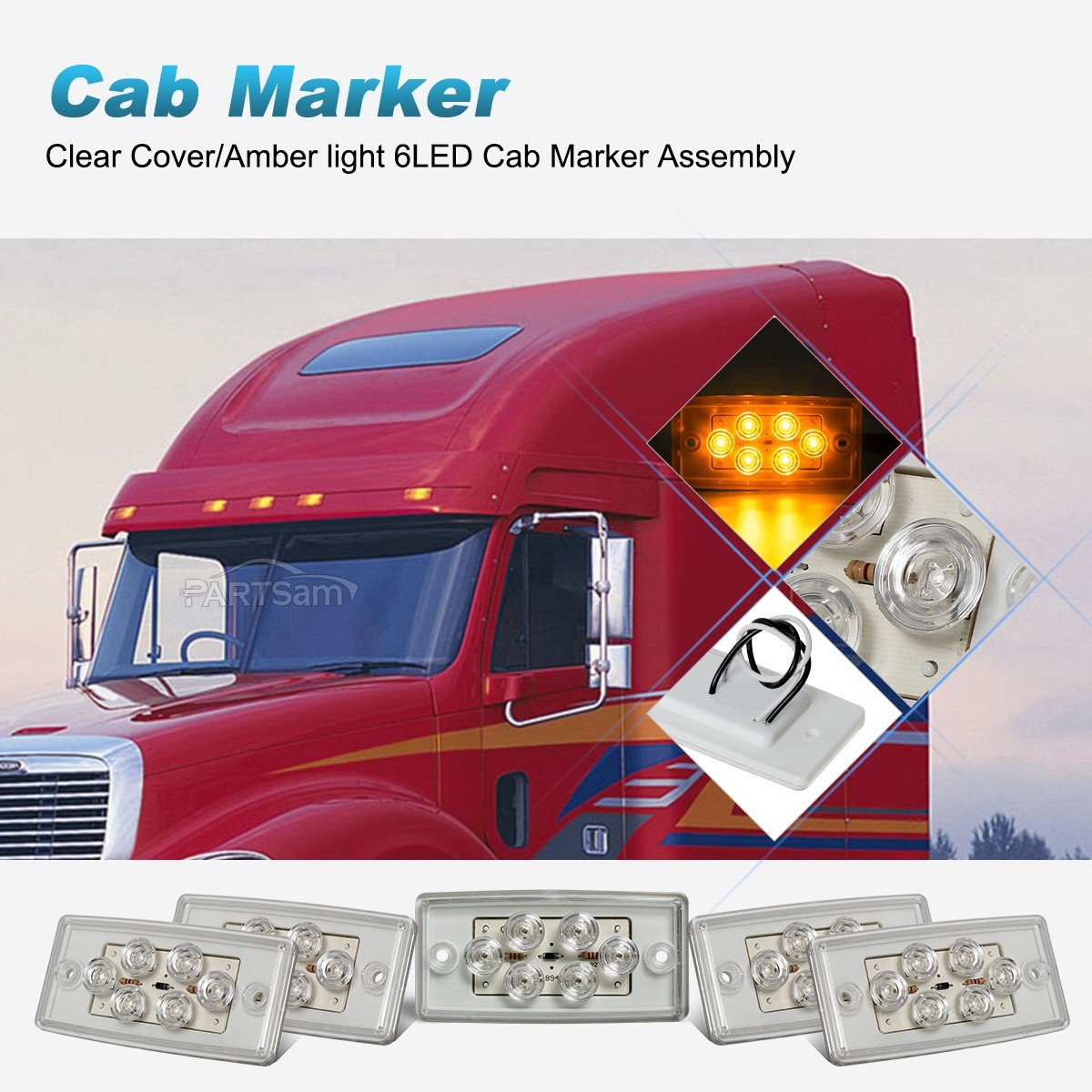 Partsam 5Pcs Replacement For Freightliner Century/Columbia Cab Lights 6 Led Amber Roof Clearance Marker Lights Rectangle Top Run