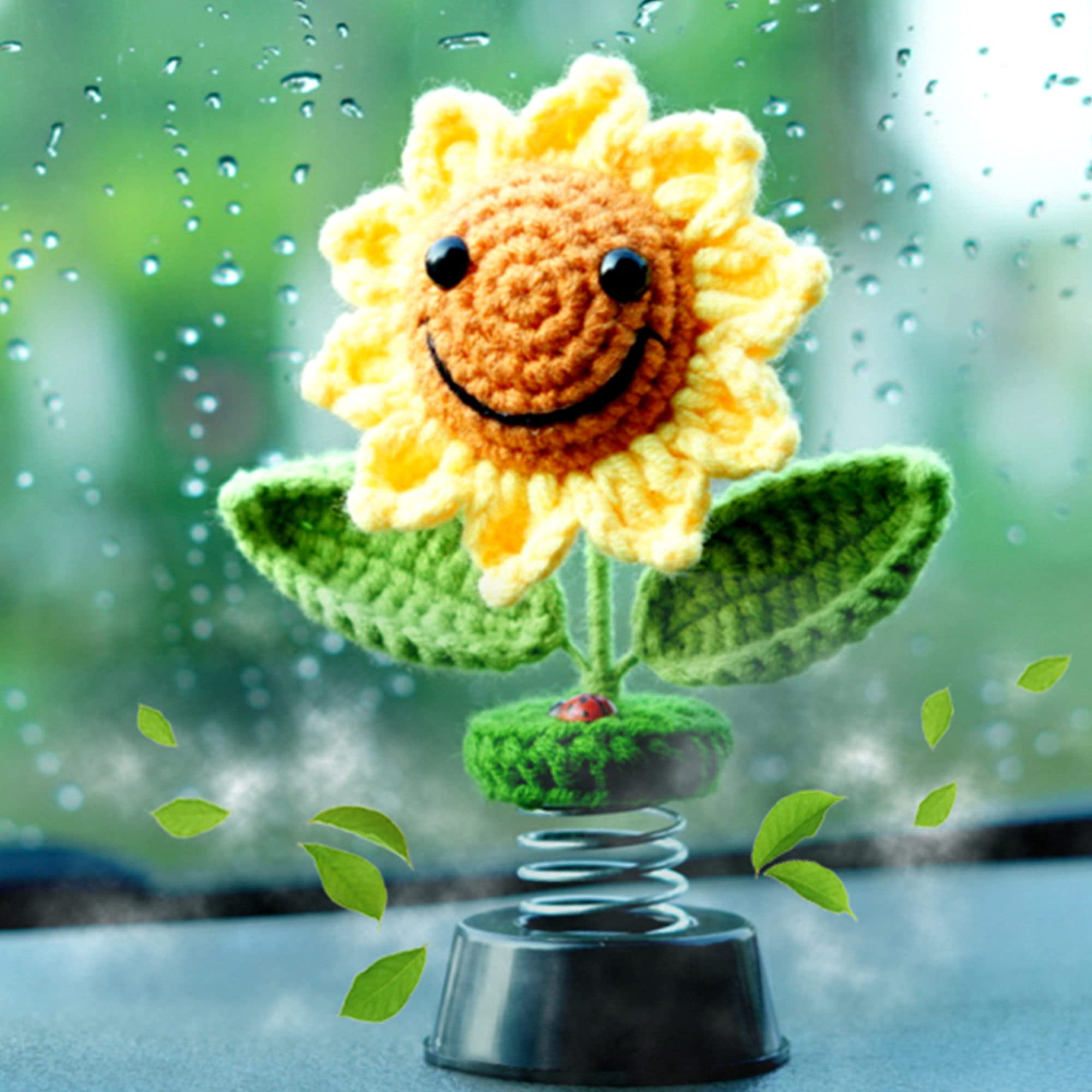 Levvohd Sunflower Car Accessories Dashboard Decorations, Crochet Smiley Shaking Sun Flowers Bobblehead Dashboard Car Decor For Women, For Cute Girl Car Interior Desk Ornaments Gifts (H 5.2 In)