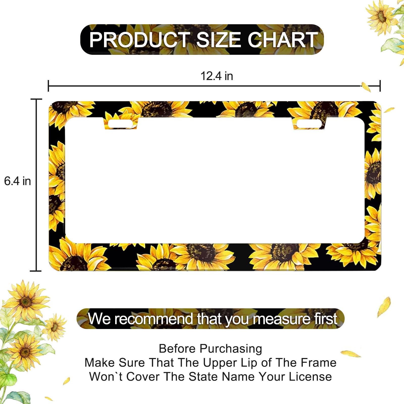 Sunflower License Plate Frame - 2 PCS Aluminum Metal Yellow Sunflowers License Plate Frames Holder Covers, Rust-Proof Waterproof