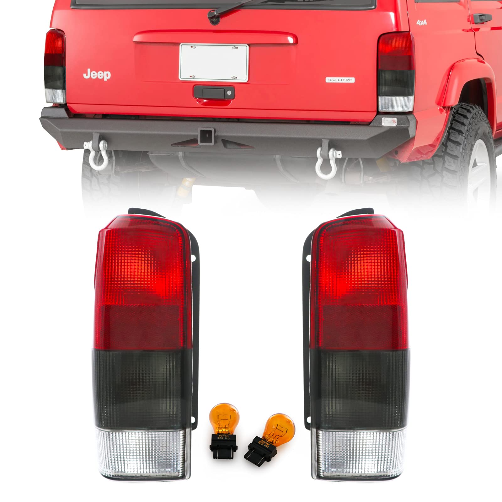 Usr Depo 97-01 Xj Tail Lights - Red/Smoke Lens Rear Tail Lamps Set (Left + Right) Compatible With 1997-2001 Cherokee Xj Chassis