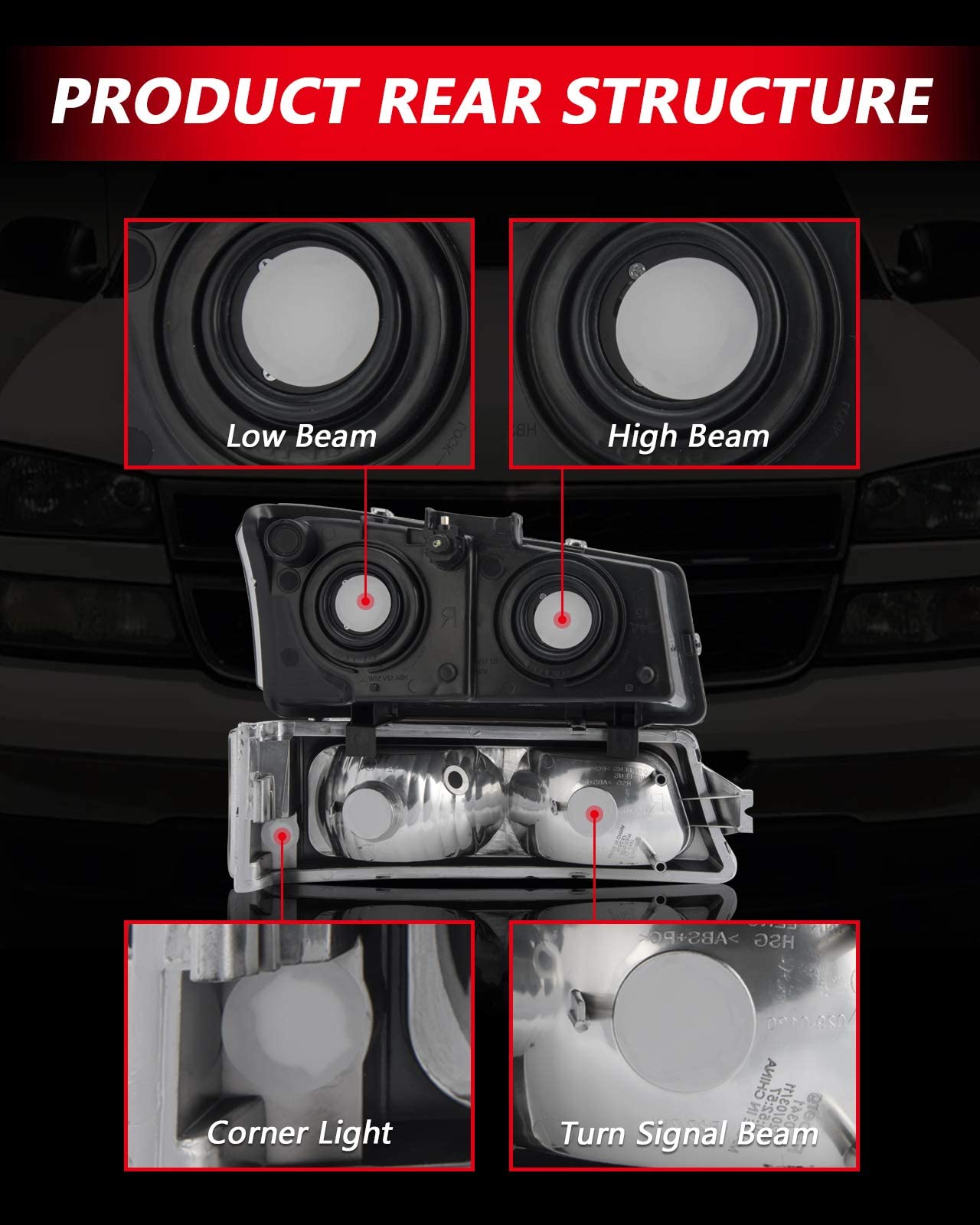 Torchbeam Silverado Headlight From, Replacement Headlight Assembly For 2003-2006 Silverado/Avalanche 1500/2500/3500 Chrome Housing Clear Reflector Clear Lens Driver And Passenger Side