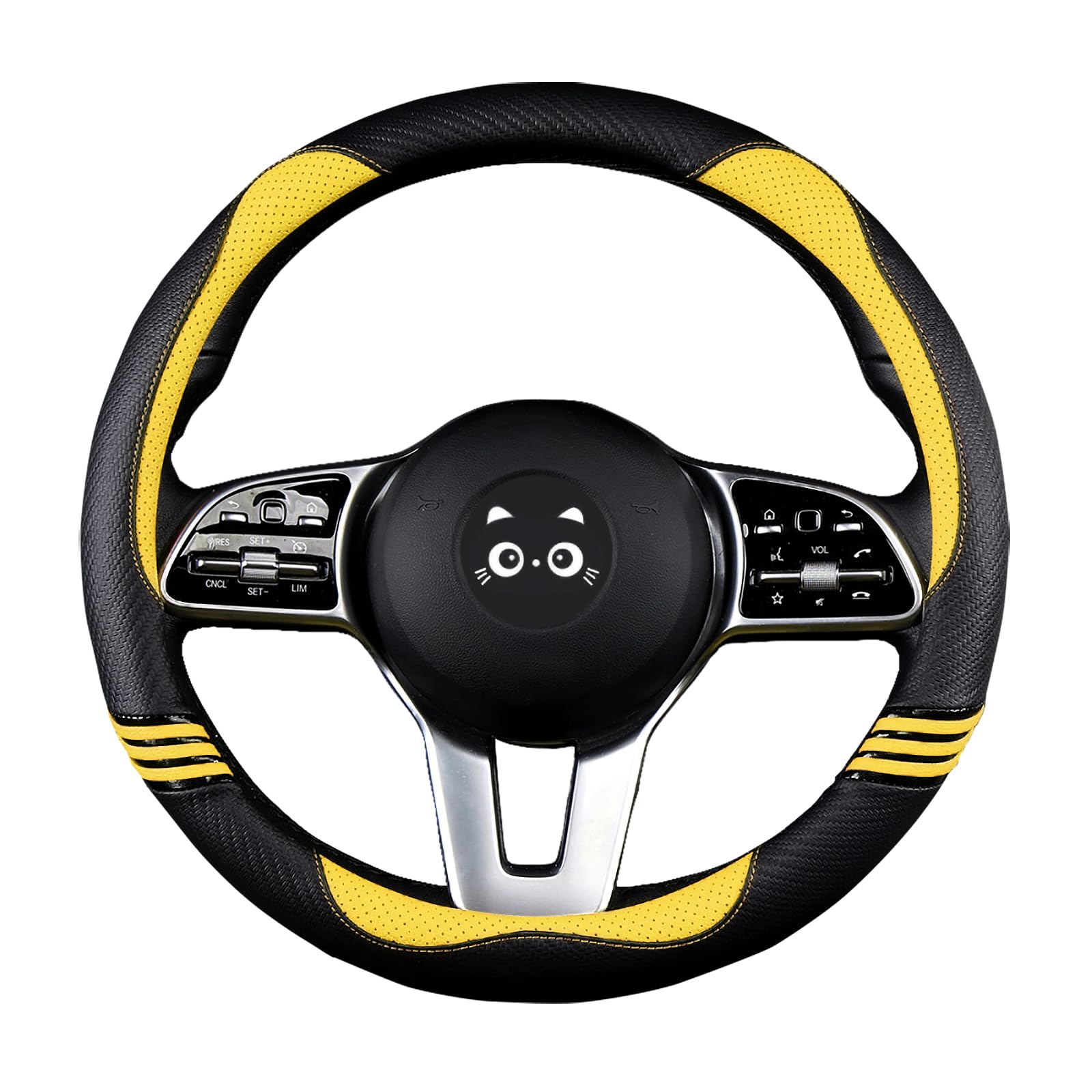 Iwantit Steering Wheel Covers with Leather and Anti-Slip Rubber Ring, Universal Fit 14.5-15 inches for Cars,SUV (Yellow/Black)