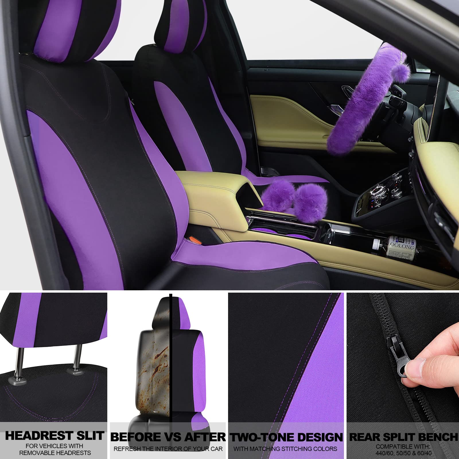 Tallew 17 Pcs Purple Car Seat Cover Full Set, Purple Car Seat Covers For Car Front Rear , Fluffy Steering Wheel Covers Soft
