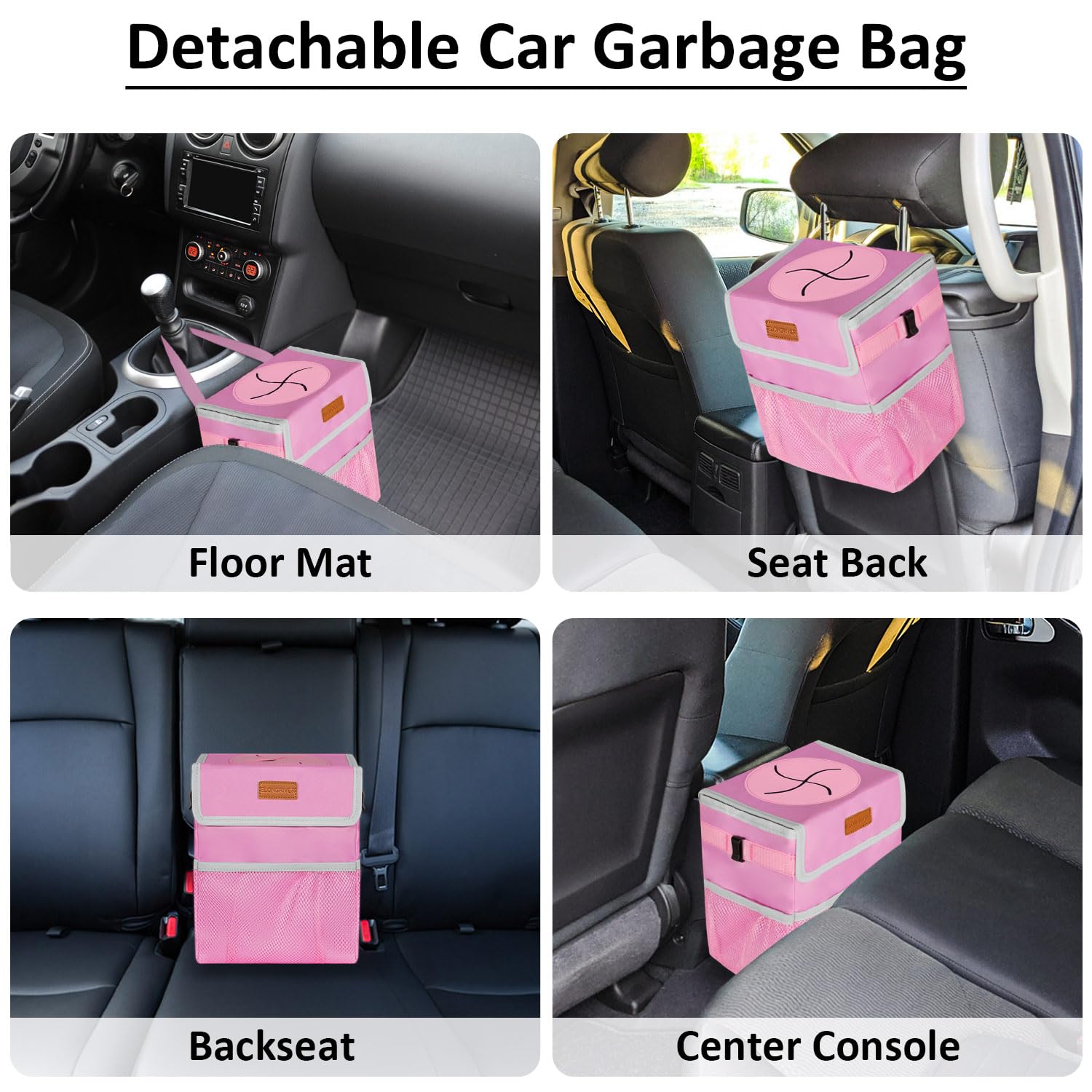 Elongriver Car Trash Can For Suvs, Trucks, Vans - Pink, 2 Gallons Capacity, Leak-Proof Liner, Utility Clasps, Cute Design