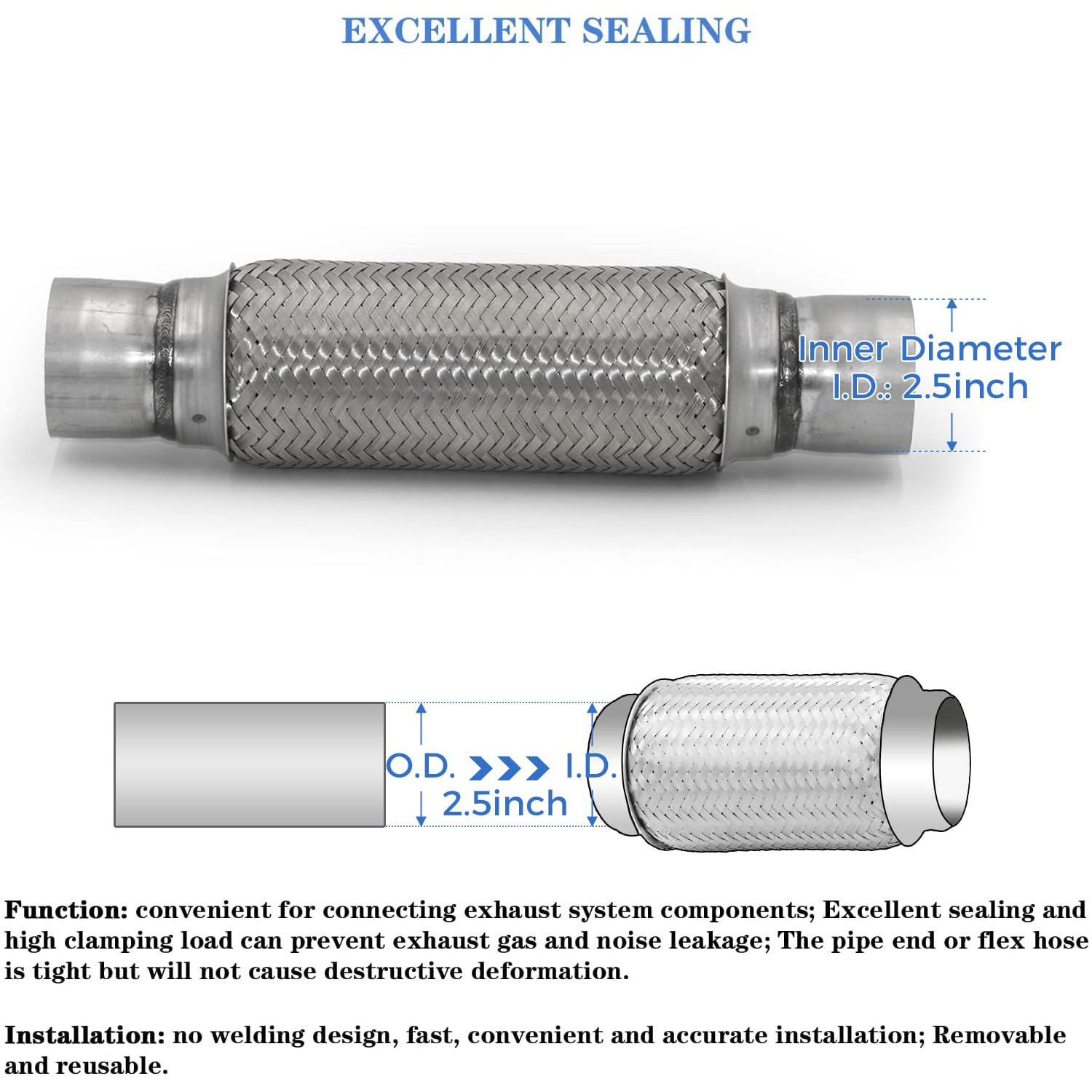 Rp Remarkable Power, Rk7547 Exhaust Flex Pipe 2.5'' X 10'' Heavy Duty Stainless Steel 14'' Ol, 2 Pack