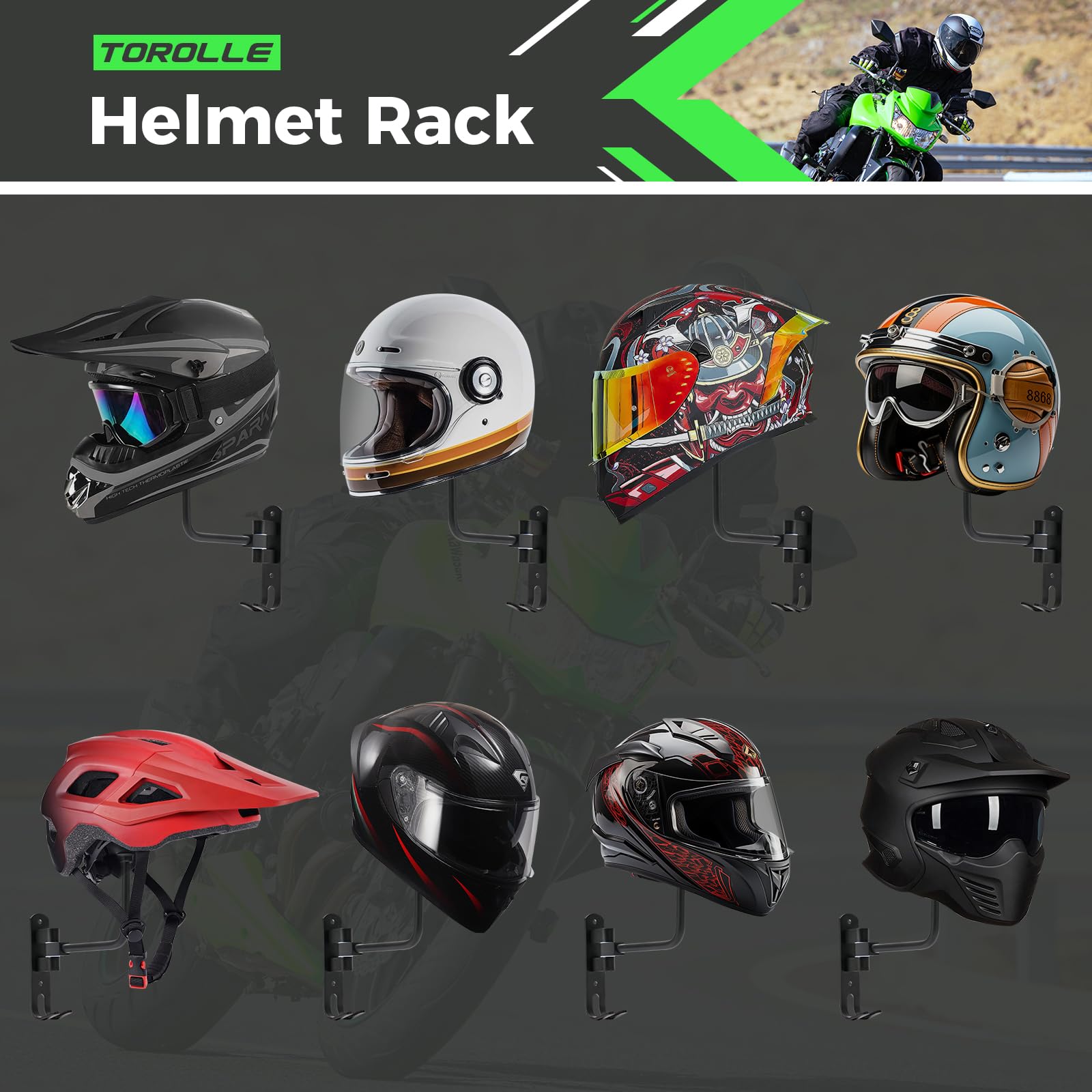 Torolle 2 Pack Motorcycle Helmet Holder Wall Mount, 180 Rotation Helmet Rack Hanger Lightweight Aluminium Alloy With Hooks For R