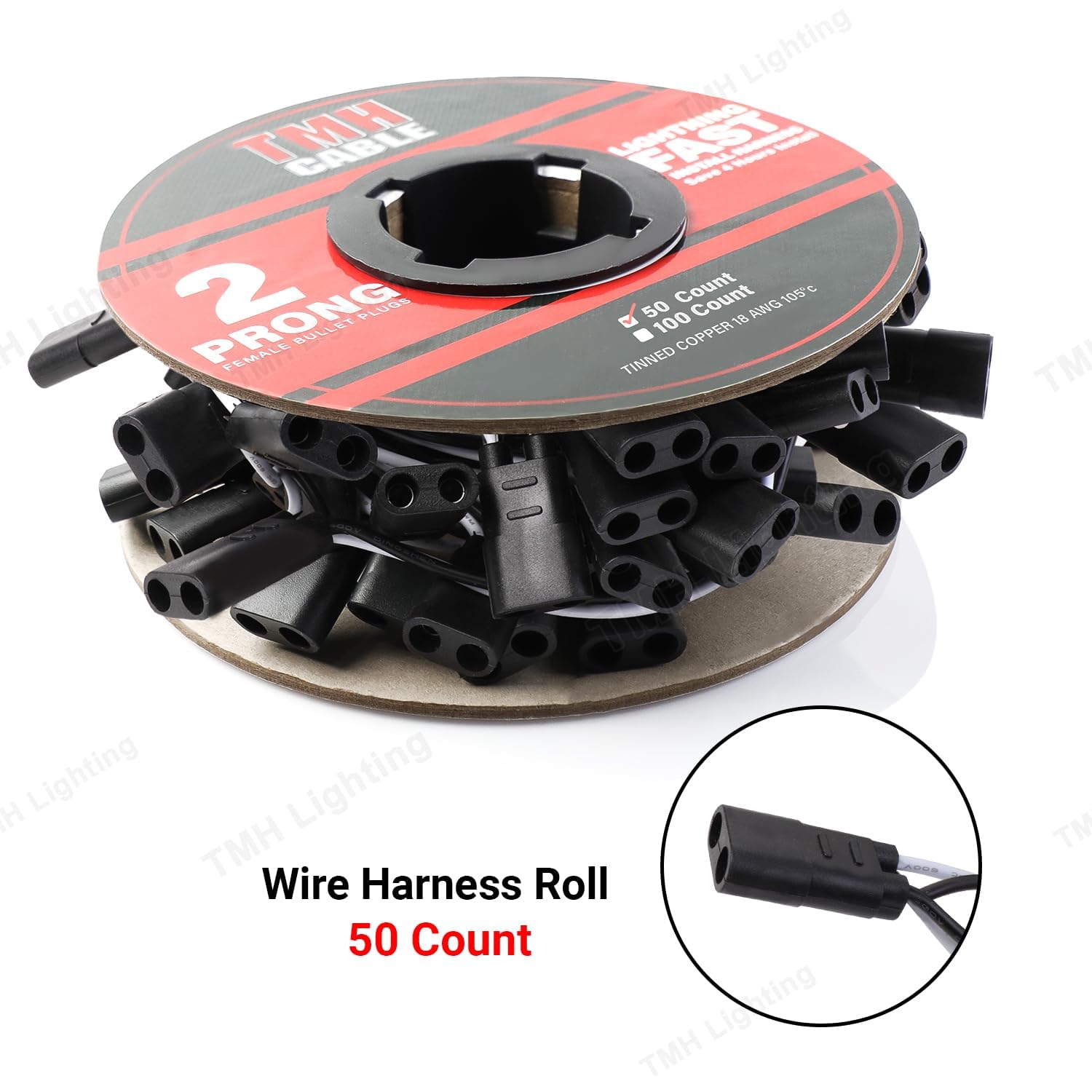 Tmh 50 Count 2-Prong Wire Harness Roll Double Female Bullet Plug 18 Gauge - 6.5'' Spacing For Led Marker Clearance Lights Hassle