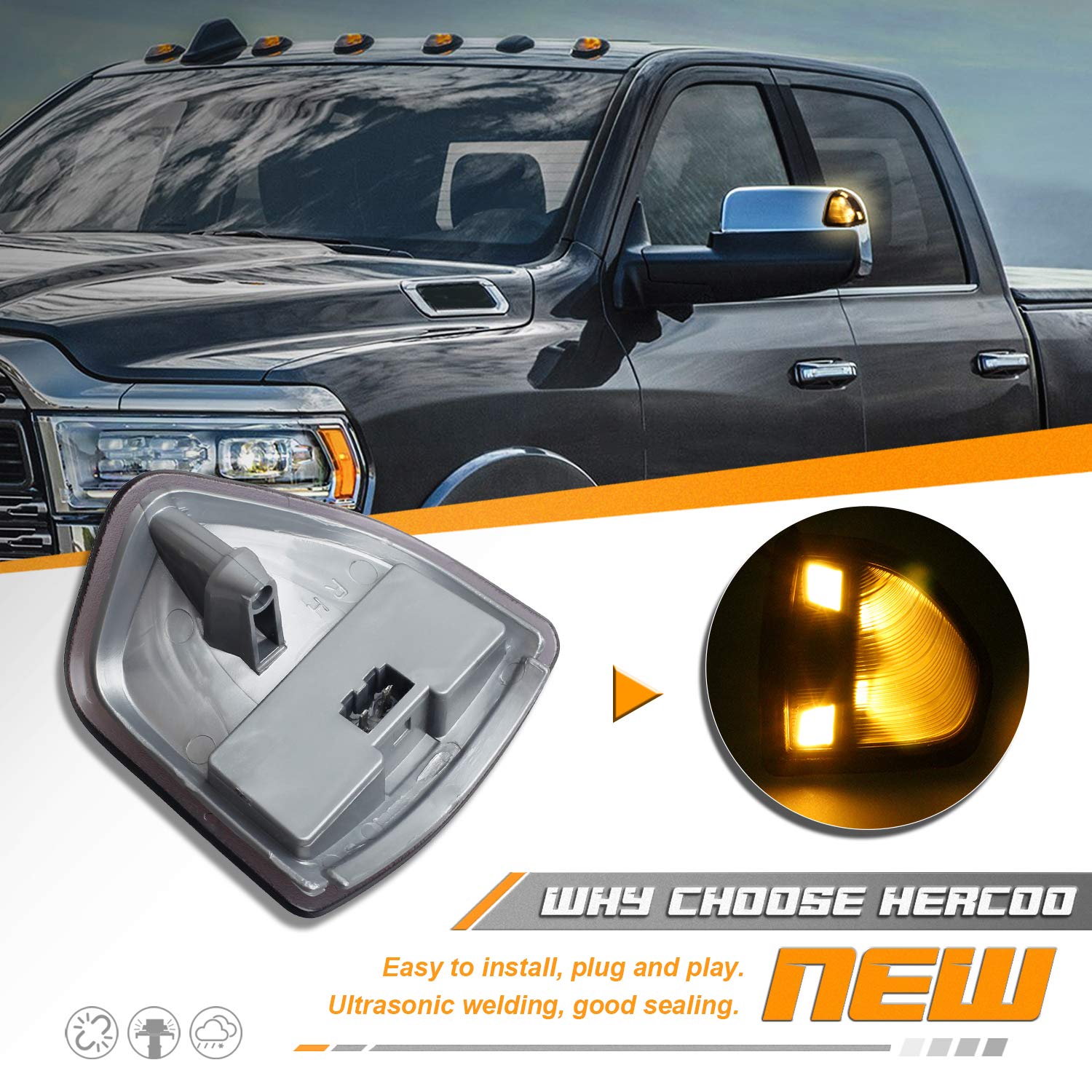 Hercoo Led Side Mirror Turn Signal Light Left And Right Lamps Smoked Cover Lens For 68302828Aa 68302829Aa Compatible With 2010-2018 Dodge Ram 1500 2500 3500 4500 5500, Pack Of 2