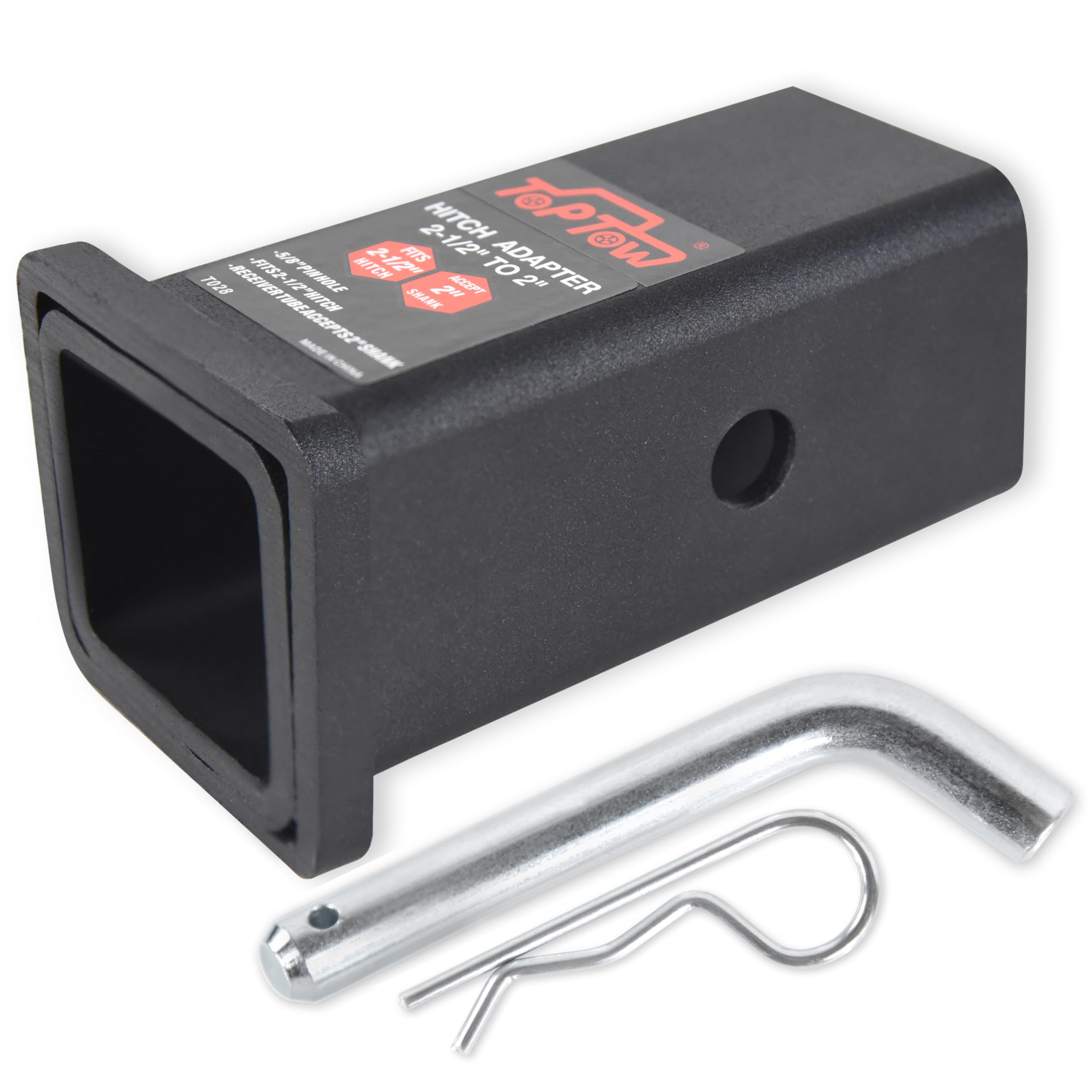 Toptow 64028Hp Trailer Hitch Adapter 2-1/2'' To 2'' Hitch Reducer Sleeve Carbon Steel, 5/8 Inch Pin & Clip Included