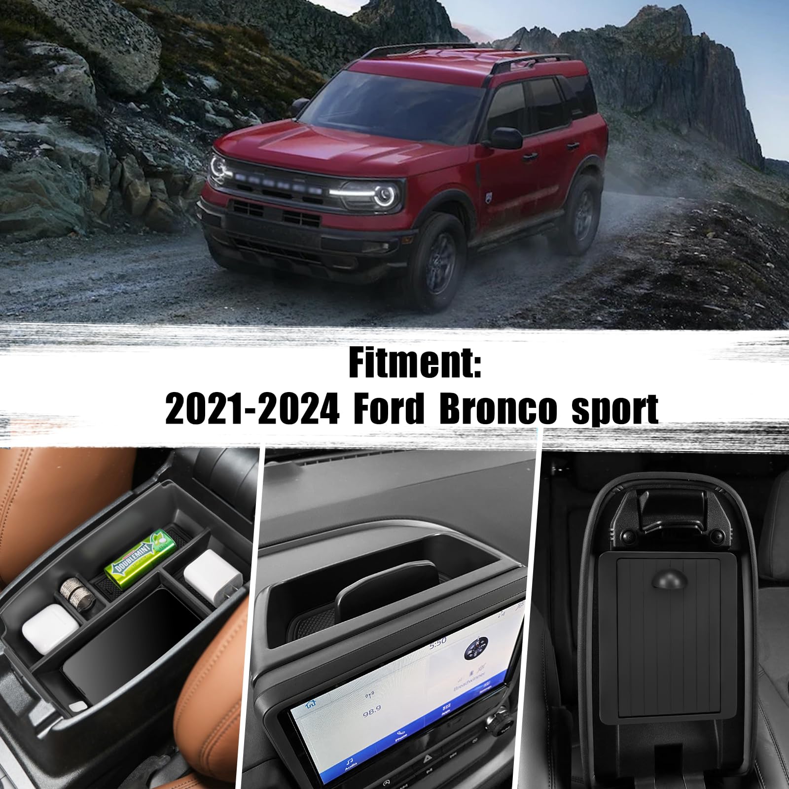 Neepiar 3Pcs Center Console Organizers Compatible With 2021-2024 Ford Bronco Sport Cx430 Dash Storage Tray And Armrest Storage B