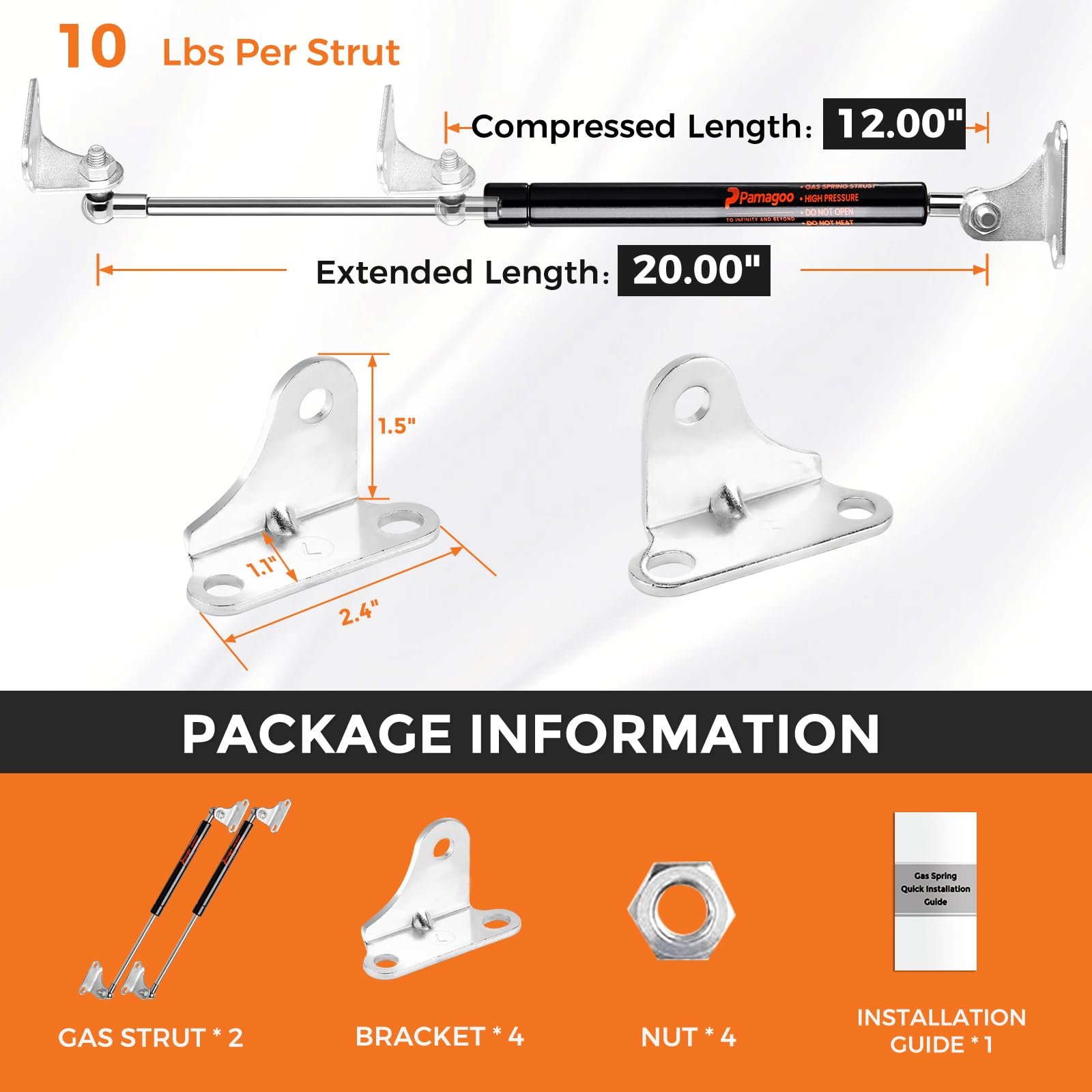 20 Inch 10 Lbs Gas Strut Shocks, 45 N Per Prop With L-Type Mounts For Cabinet Toy Box Toolbox Lid Trash Bin Dog House Door, Only