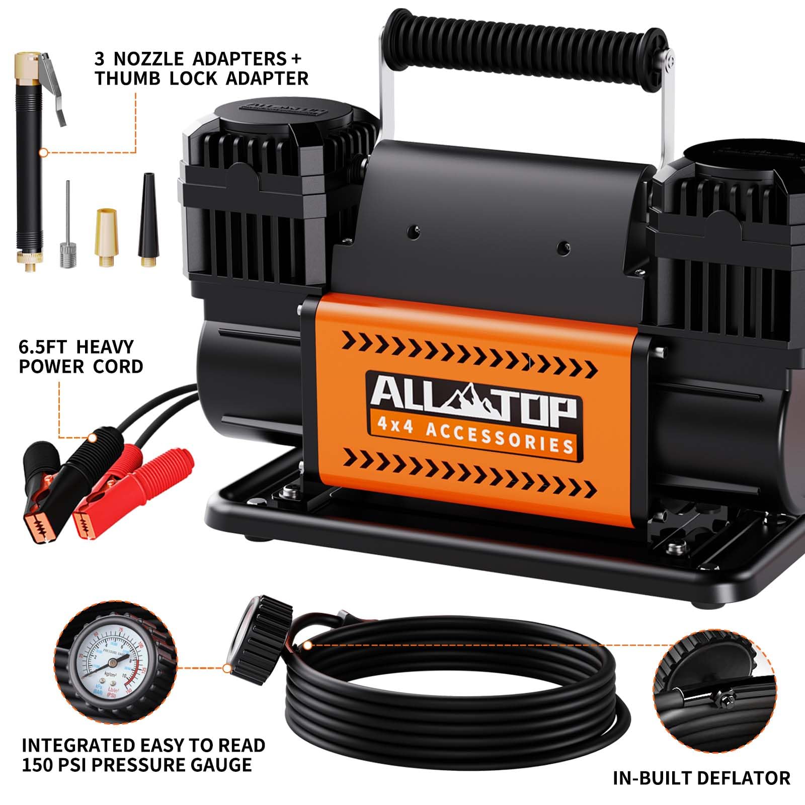 All-Top Air Compressor Kit, Dual Cylinder 12V Portable Inflator 12.35 Ft³/Min, Offroad Air Compressor Pump For Truck Tires, Heavy Duty Max 150 Psi For 4X4 Vehicle & Rv