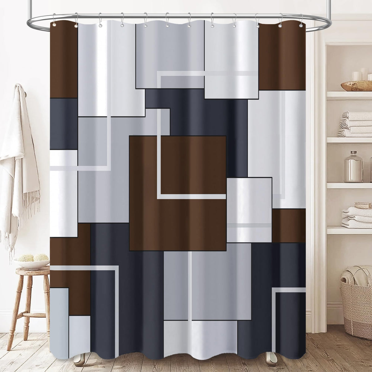 Bttn Extra Long Shower Curtain - 72 X 84 Inch Long Geometric Decorative Fabric Shower Curtain Set With 12 Plastic Hook, Water Repellent, Large Hotel Modern Unique Shower Curtains For Bathroom - Brown