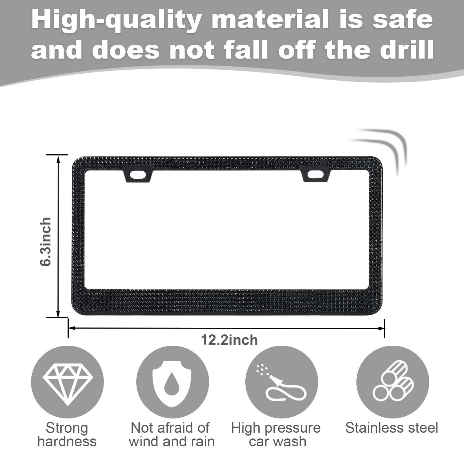 Quanqiufei 2 Pack Bling License Plate Frames For Women, Sparkly Rhinestone Diamond Car Accessories With Glitter Crystal Caps (Bl