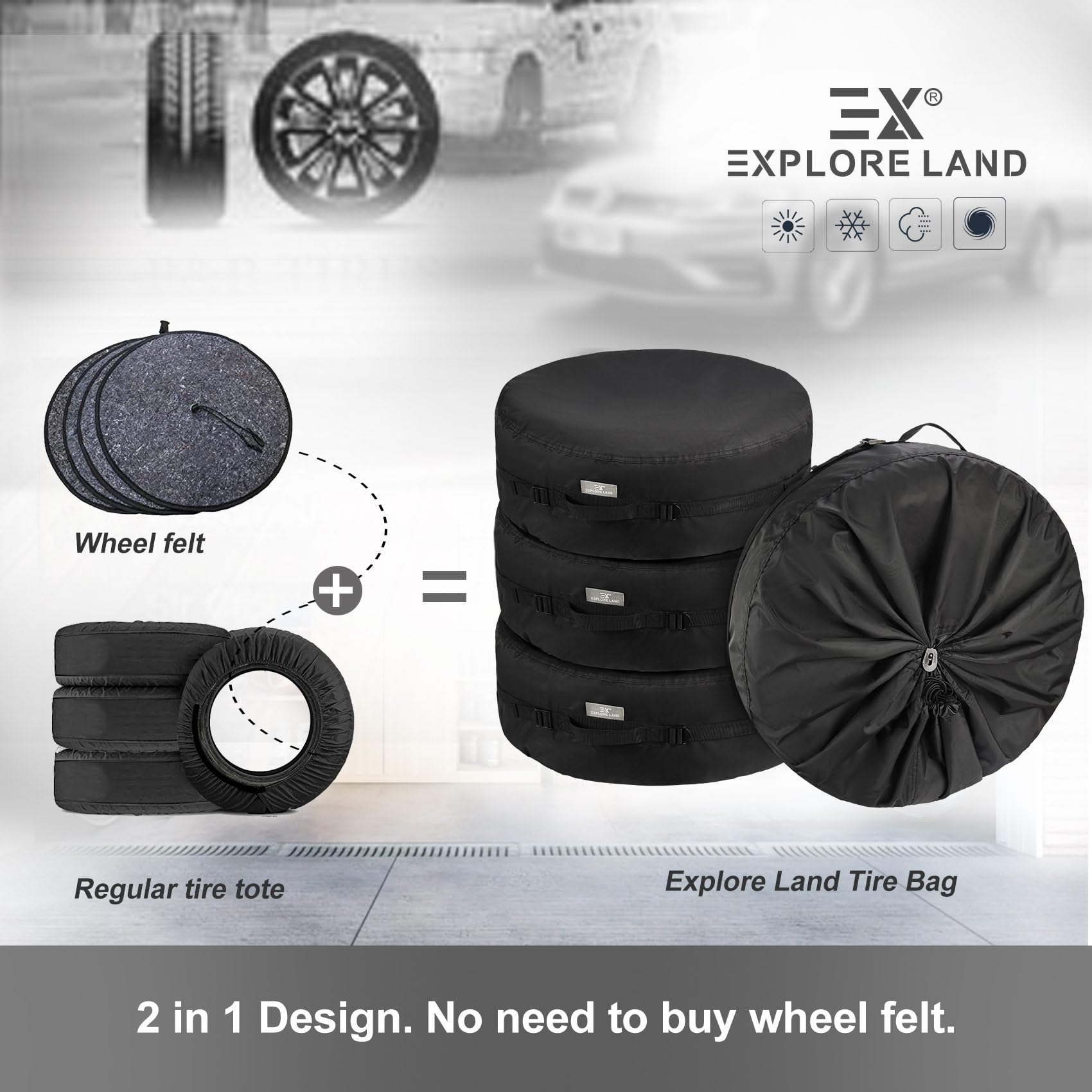 Explore Land Seasonal Tire Cover - Spare Tire Bag With Handle, Durable Winter Wheel Storage Tote Against Dust And Scratches, 4 Pack (Fits Tire Diameters 29''-31.75'', Black)