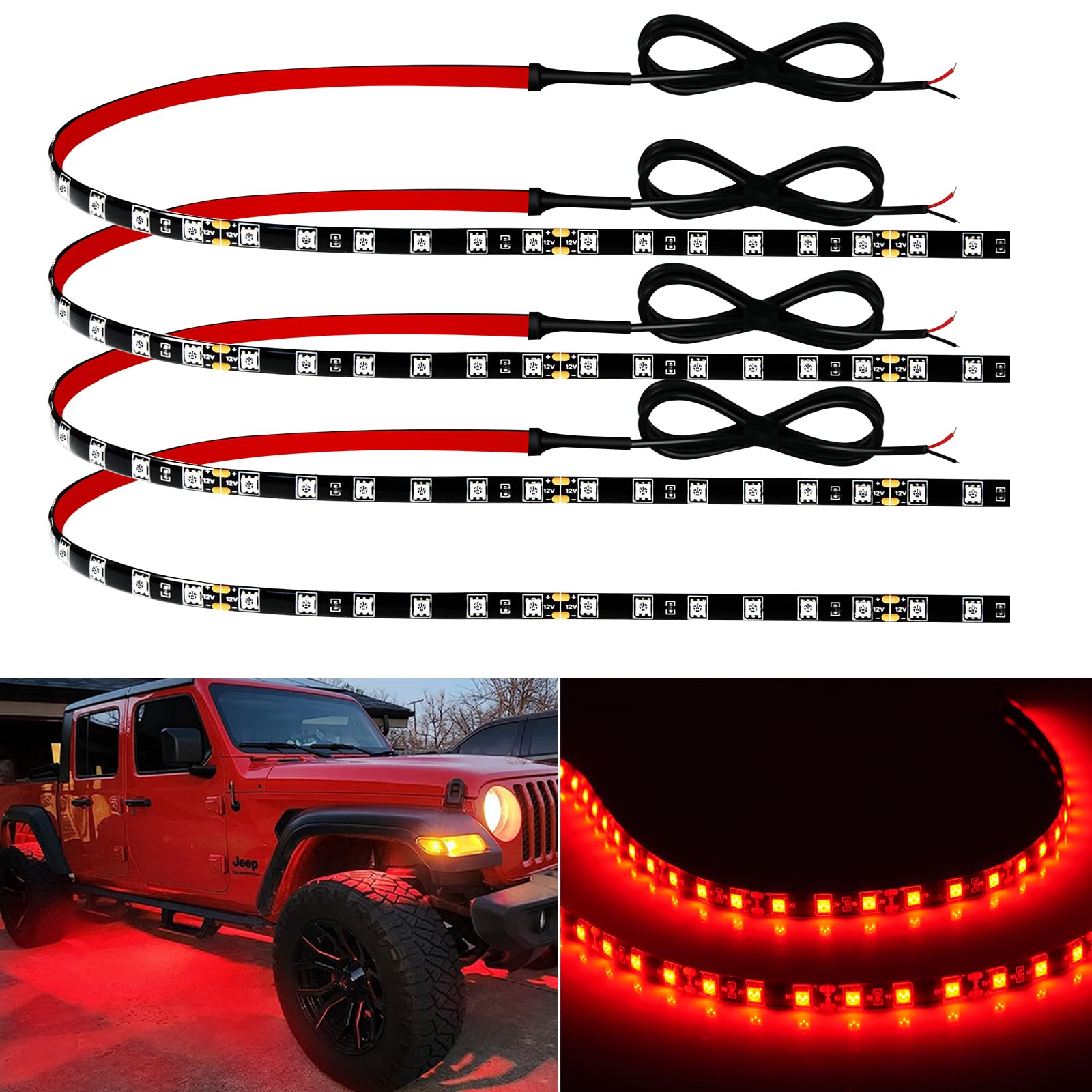 Car Led Strip Lights 24' Connectable Red 12V Led Light Strip For Cars Golf Cart Boat Marine Motorcycle Interior & Exterior Waterproof Led Strip, 4Pack