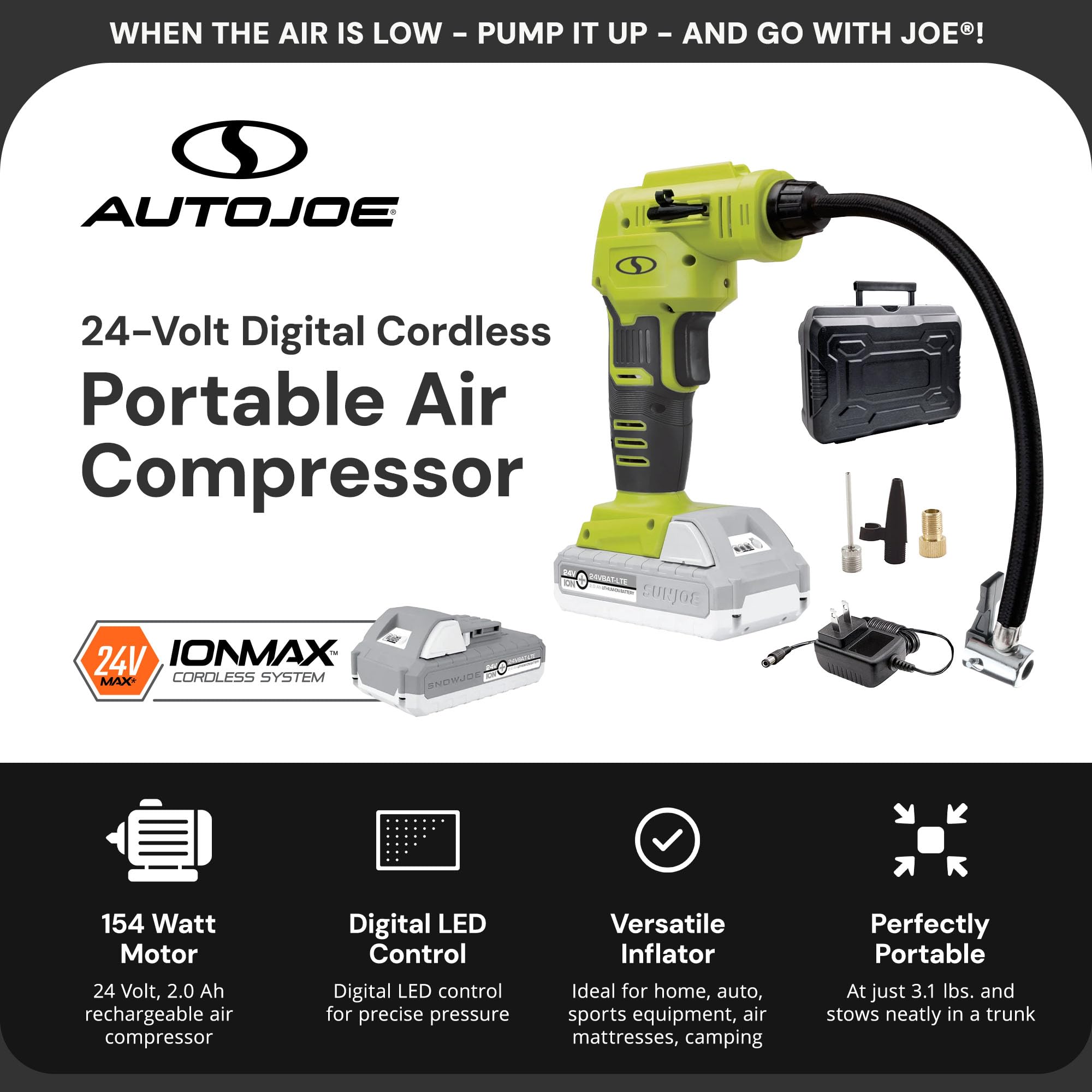 Sun Joe Auto Joe 24V-Ajc-Lte 24-Volt Ionmax Cordless Portable Air Compressor Kit W/ 2.0-Ah Battery, Charger, Storage Bag, And No