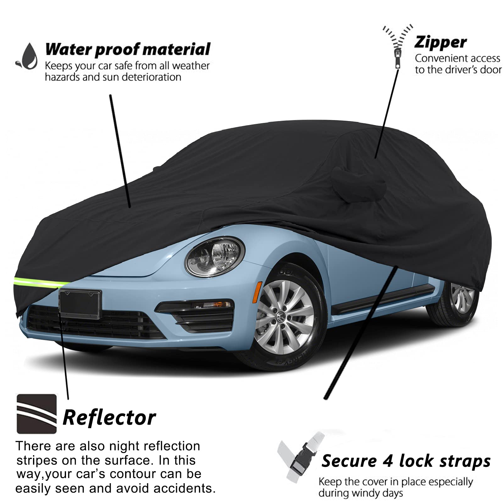 Yixin Waterproof Car Covers For 1998-2024 Volkswagen New Beetle 190T Covers Customer Fit 100% Waterproof Windproof Strap & Double Door Zipper Up To 170” L (Black)