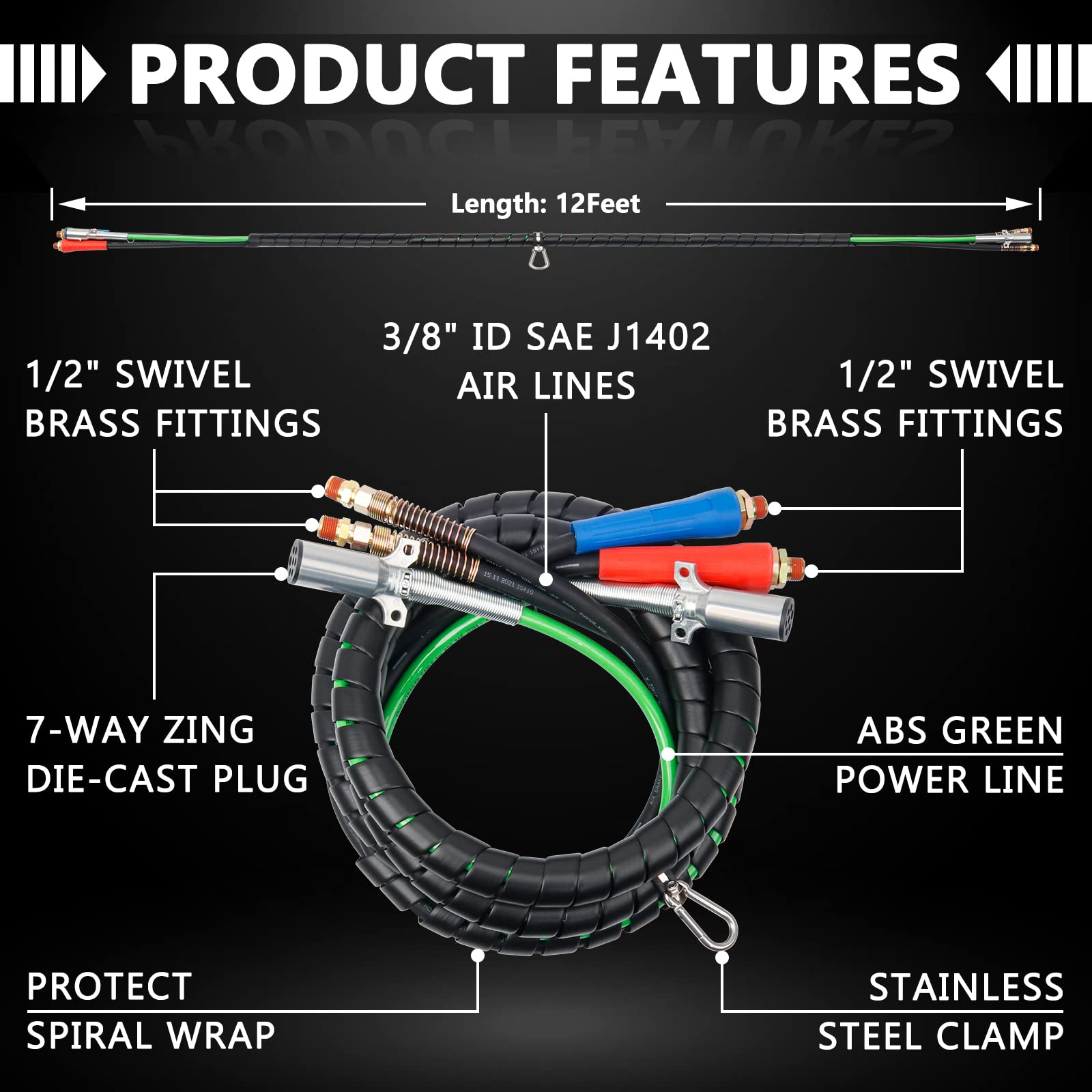 Cheemuii Semi Truck Air Line Kit 12 Ft 3 In 1 Abs Power Air Line Air Hose With Gladhands And Tender Spring Kit For Semi Truck Tractor Trailer