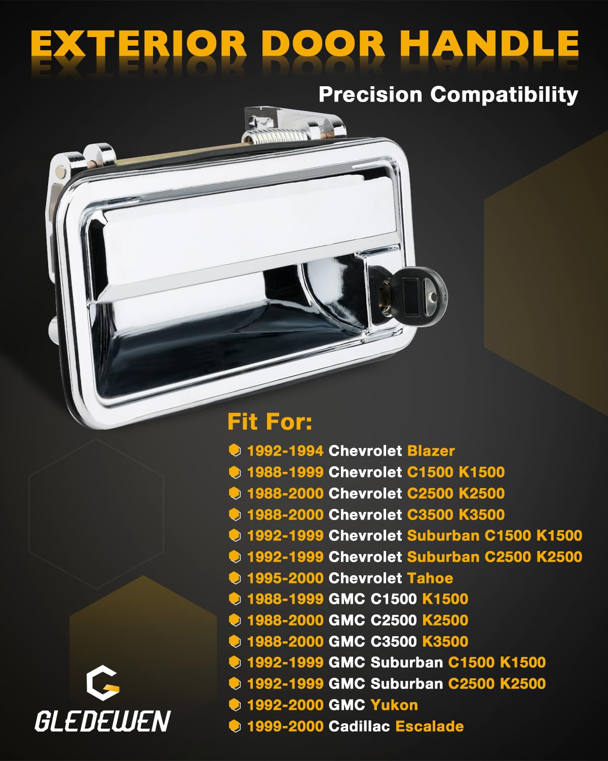 Chrome Exterior Door Handles, W/ Lock Cylinders & Keys, Compatible With 1988-2001 Chevy K1500 K2500 K3500 C1500 C2500 C3500, Gmc