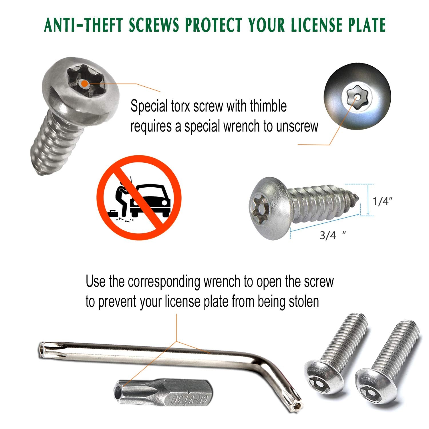 Bggtmo License Plate Screws Anti Theft -Stainless Steel Tamper Resistant Locking Front Rear Car Tag Frame Bolts Set,1/4 Metric M