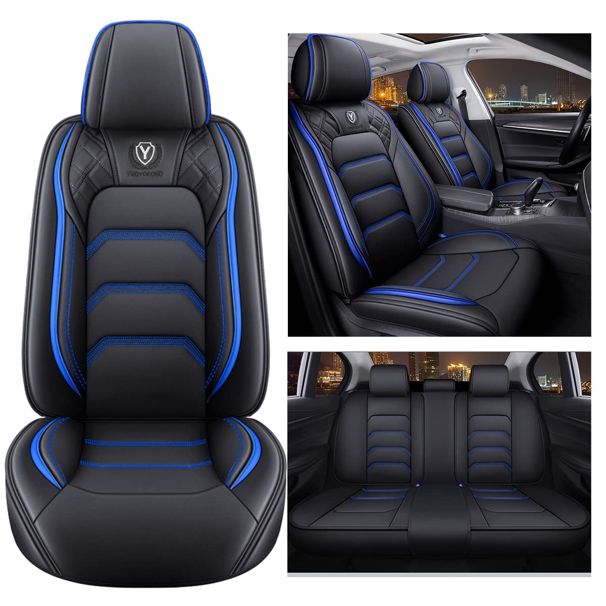 YXQYOEOSO Leather Auto Car Seat Covers Full Set for 5 Seats, Universal Fit, Black & Blue, Model YOEOSO2021A
