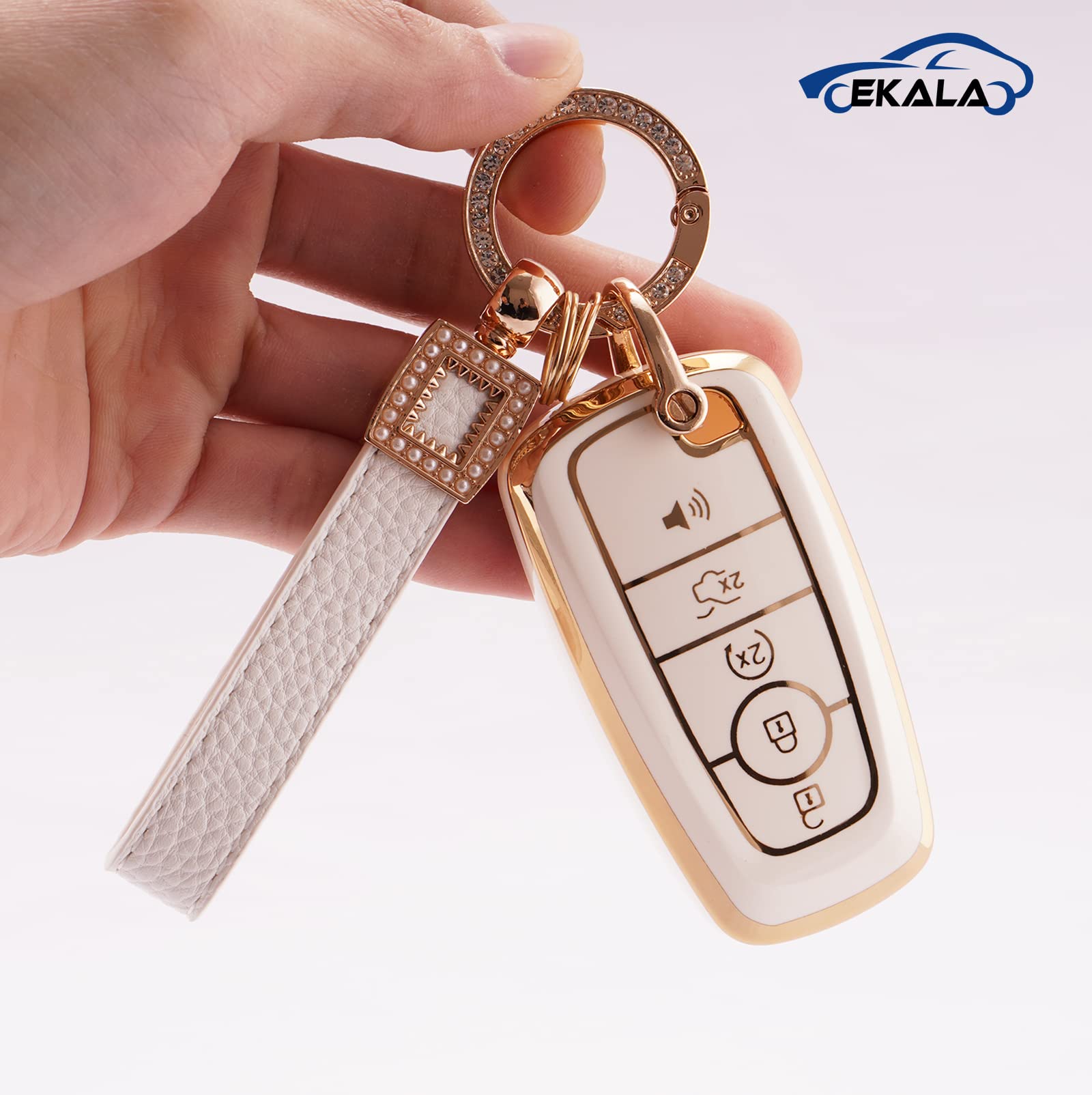 EKALA for Ford Key Fob Cover with Leather Key Fob Keychain, 5 Buttons Soft TPU Keys Shells Girly White Key Fob Cover Compatible