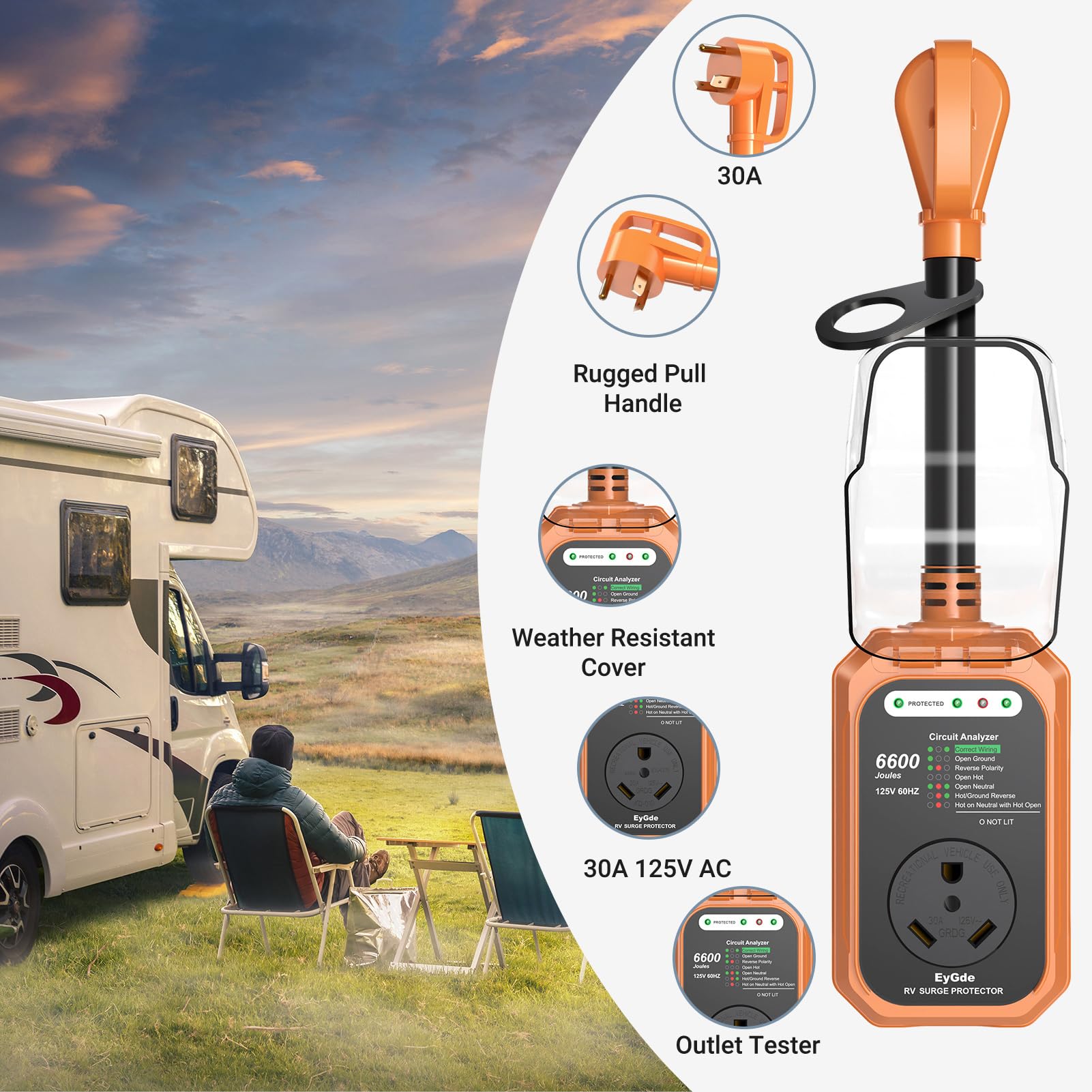 Eygde Rv Surge Protector 30 Amp Waterproof, Rv Circuit Analyzer With With Full Electrical Protection, Power Plug Adapter Protectors For 30Amp Camper Travel Trailer Accessories